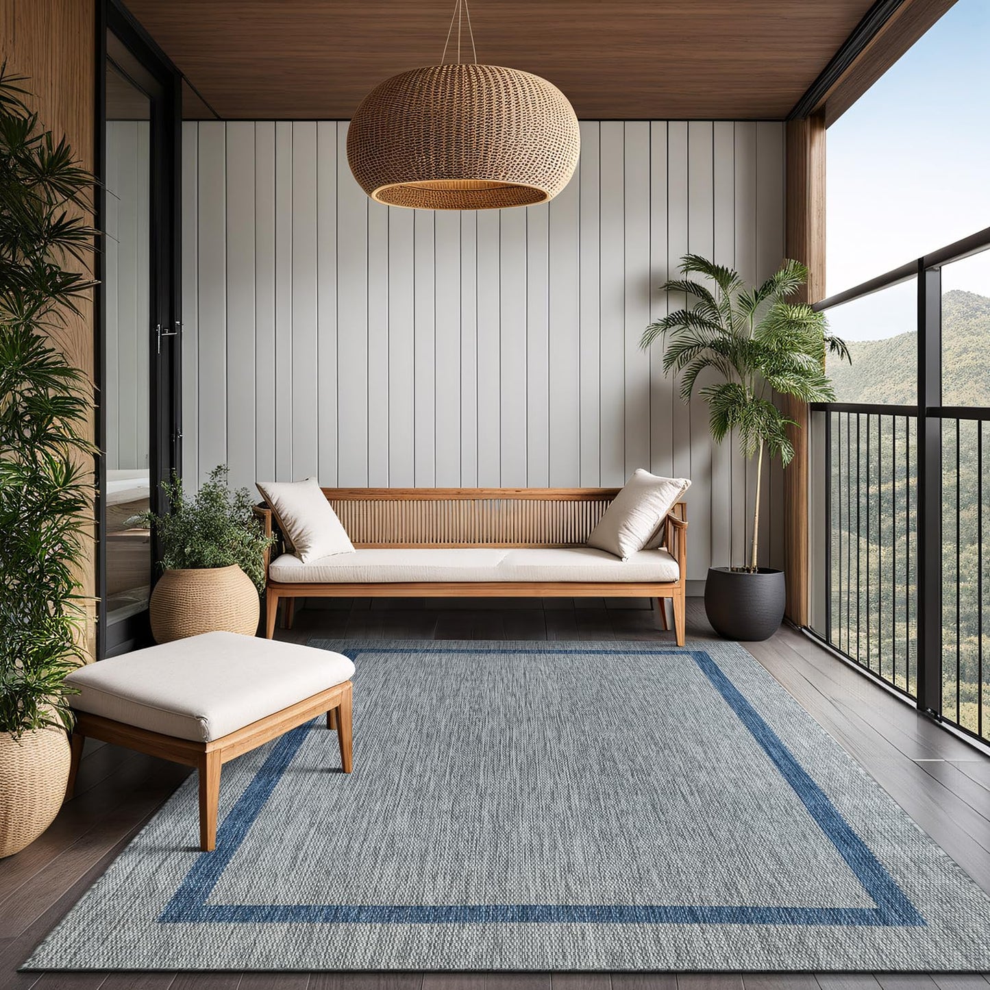 Luul Home Bordered Outdoor Rug 8x10 Washable Outside Carpet for Indoor Patio Porch Waterproof Easy Cleaning Non Shedding Area Rugs Silver Gray - Blue 8 x 10