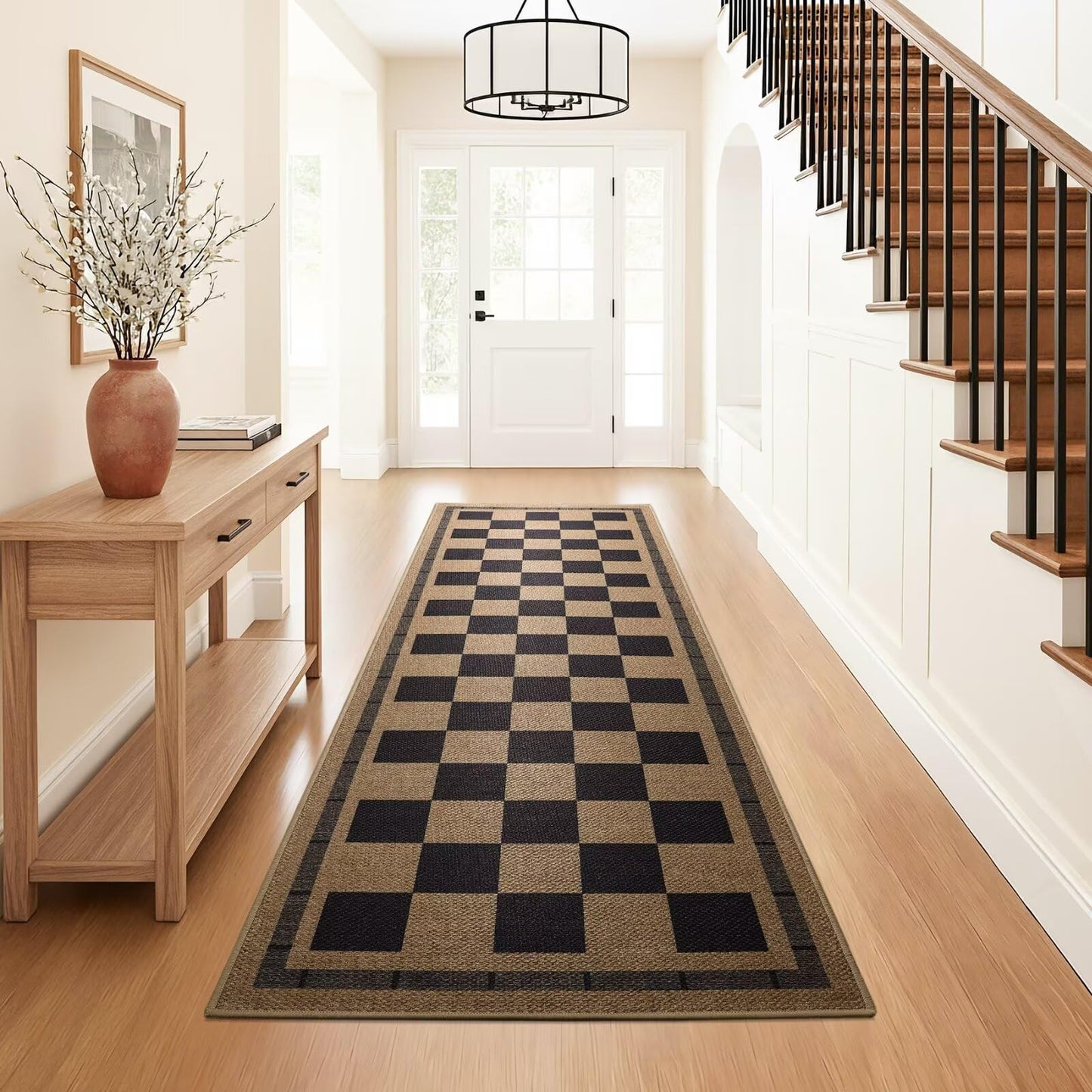 Vasofe 2x6 Jute Checkered Rugs, Outdoor Runner, Runner Rug for Hallway, Washable Patio Porch Balcony Runners Indoor Bedroom Kitchen Laundry Mat, Non Slip Plaid Farmhouse Carpet, Black and Brown