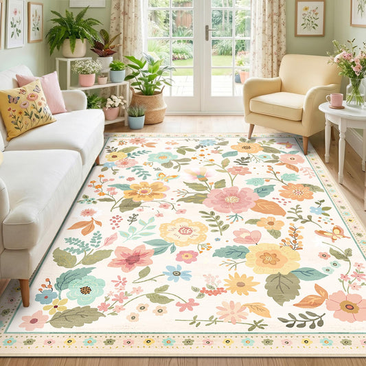 RELEANY Floral 5x7 Area Rugs Washable Print Boho Cute Carpet Non Slip Flower Low Pile for Living Room Bedroom Kitchen Office Farmhouse-Beige/White/Orange
