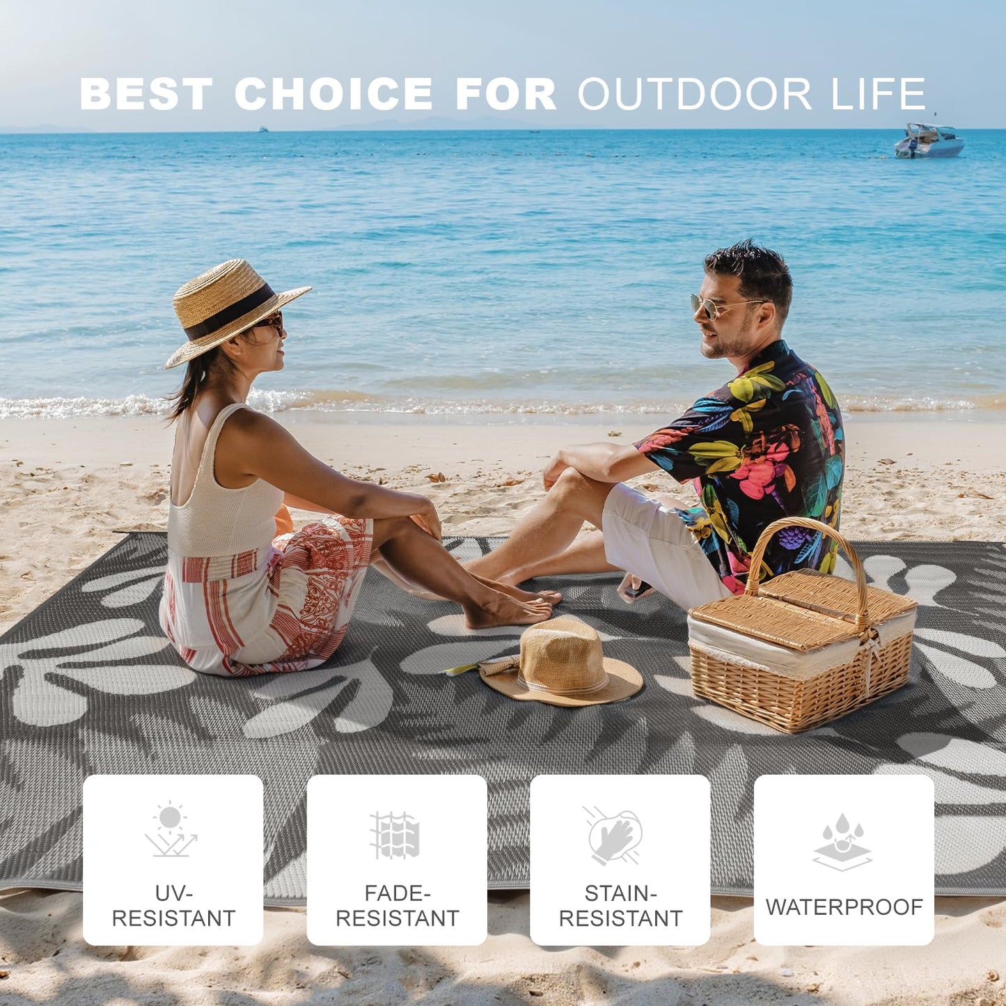wikiwiki Outdoor Rug, 5x8ft Waterproof Reversible Mat Indoor Outdoor Rugs Carpet, Small Area Rug Plastic Straw Rug for Patio Deck Balcony Pool RV Camping Beach Picnic, Grey Leaves, Rugscape Series