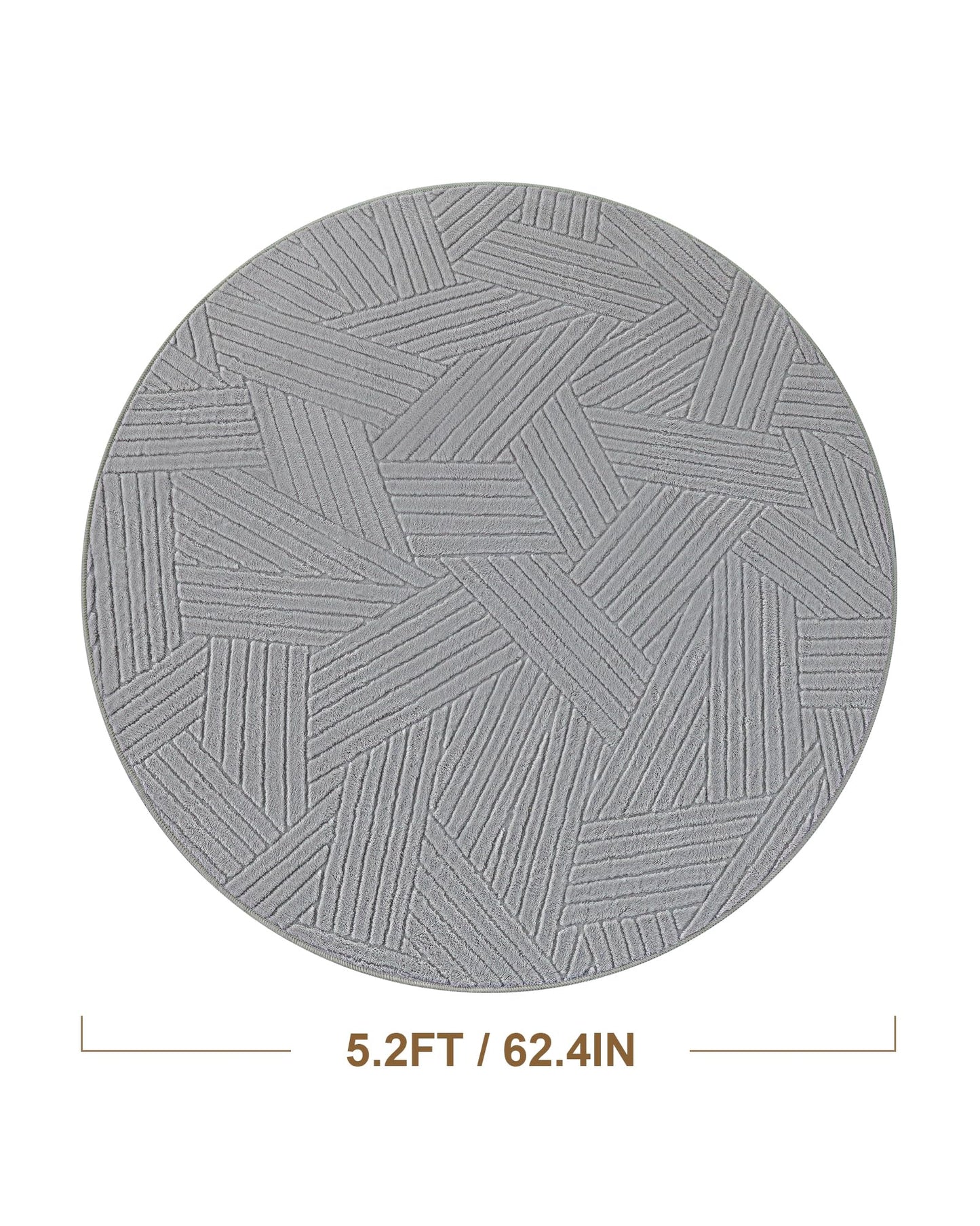 Carvapet 5.2ft Round Area Rug - Light Grey High Low Pile Modern Floor Carpet, Washable Plush 3D Texture Circle Mat with Skid-Resistant Rubber Backing for Living Room Nursery