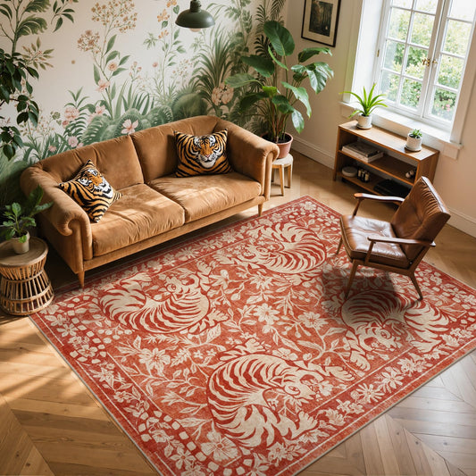 LIVEBOX Tiger Washable Area Rug 5x7, Non-Slip Funky Boho Rug for Living Room, Vintage Jungle Animal Floor Carpet for Bedroom, Cool Terracotta Retro Throw Rug