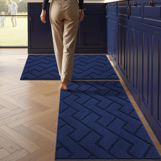 hicorfe Kitchen Runner Rugs and Mats Sets,2 Pieces Absorbent Non-Slip Kitchen Rug,Comfort Kitchen Mat for Floor,Washable for Kitchen,Hallway,Office,Sink,Laundry(24"x35"+24"x35",Navy Blue)