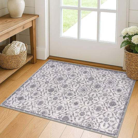 KILOCOCO 2x3 Small Moroccan Area Rug, Grey Super Soft Entryway Rugs Indoor Vintage Washable Rug Non-Slip Indoor Door Mat, Accent Print Faux Wool Throw Rug for Laundry Kitchen Bedroom Entrance