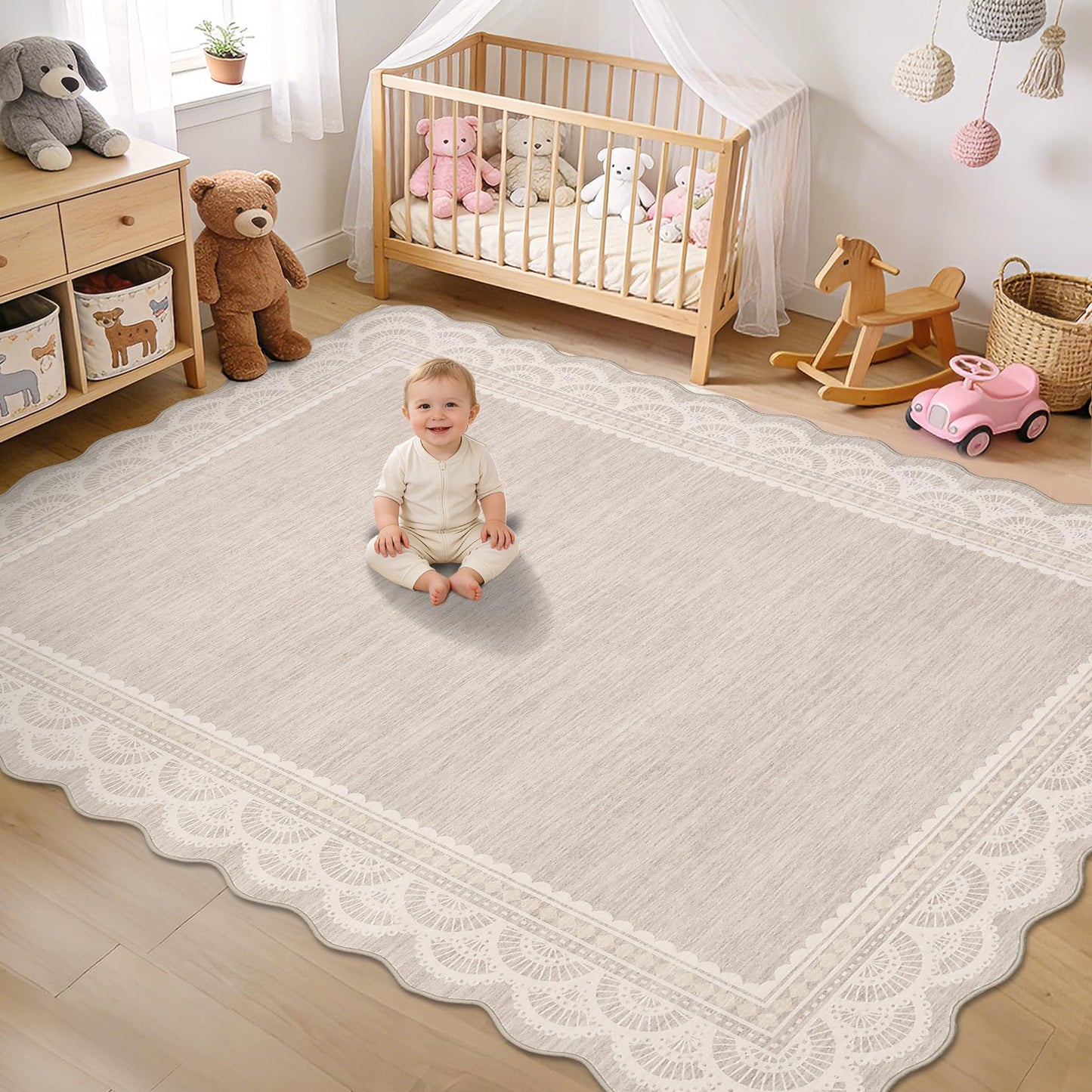 COZYLOOM 8x10 Area Rugs for Living Room Scalloped Lace Border Washable Rug with Non Slip Backing, Non Shedding Low Pile Soft Carpet Stain Resistant Farmhouse Mats for Dining Room, Bedroom, Beige