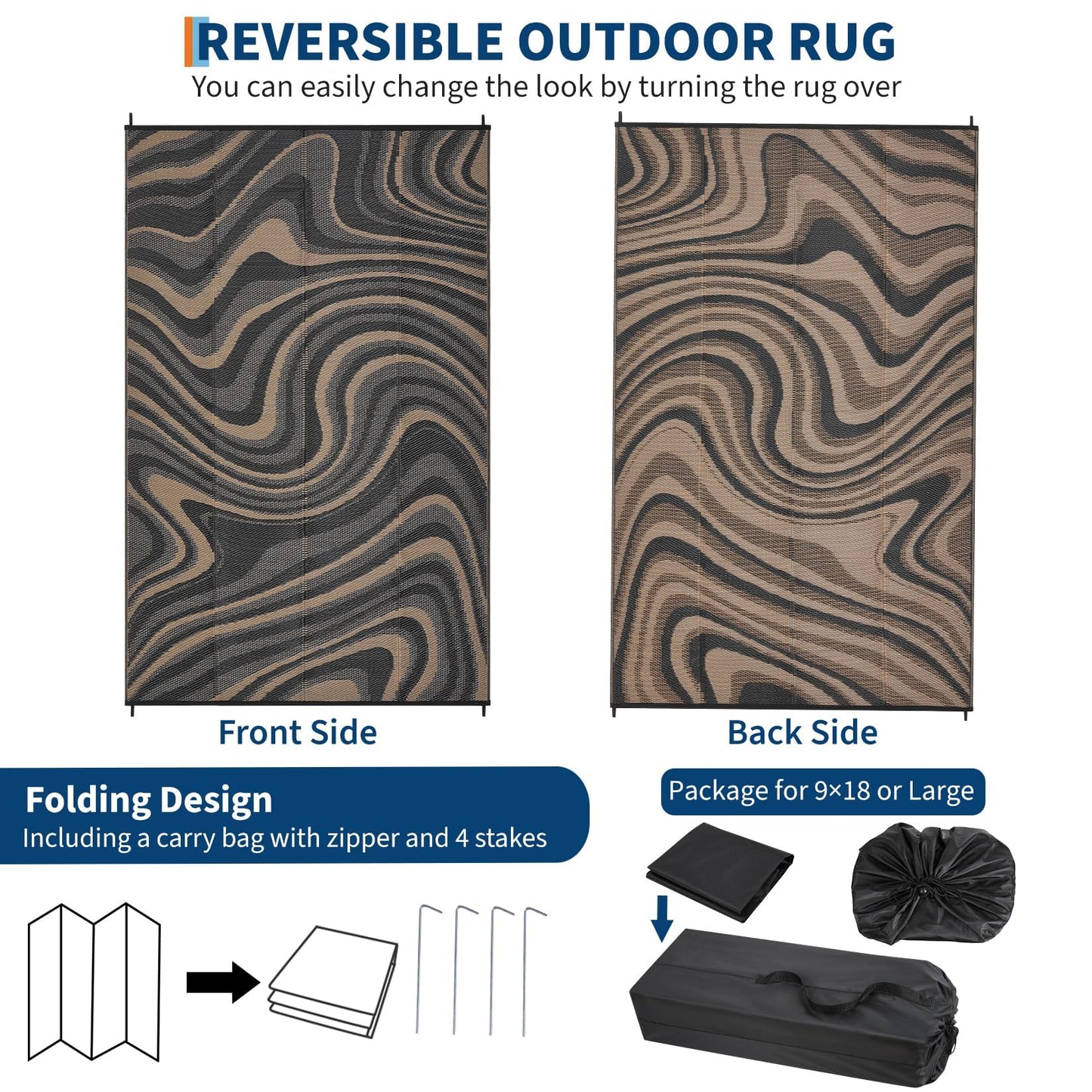 MilleLoom Patio Modern Abstarct Outdoor Rug 10x14 Waterproof Large Reversible Camping Mat Foldable Lightweight Plastic Straw Outdoor Rug for Deck, Camper, Balcony, Beach, Rv，Black/Gray/Brown