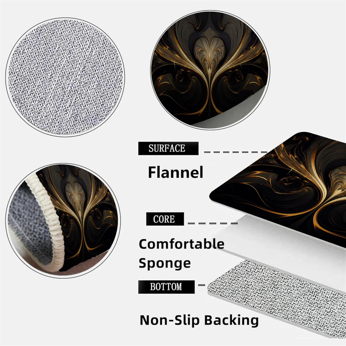 Black and Gold Ripple Rug, Gilt Heart, Soft Non-Shedding Washable Rugs with Non-Slip Backing, Low Pile Floor Mat Indoor Carpet 2x3ft