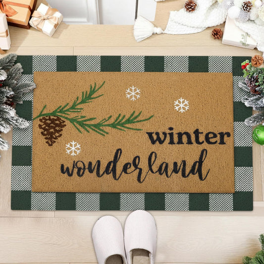 Drydiet 2 Pcs Winter Wonderland Coir Doormats Outdoor Welcome Door Mats Layered Buffalo Plaid Snowflake Front Door Rugs Non Slip Floor Mats for Porch Entryway Indoor Outdoor Decor