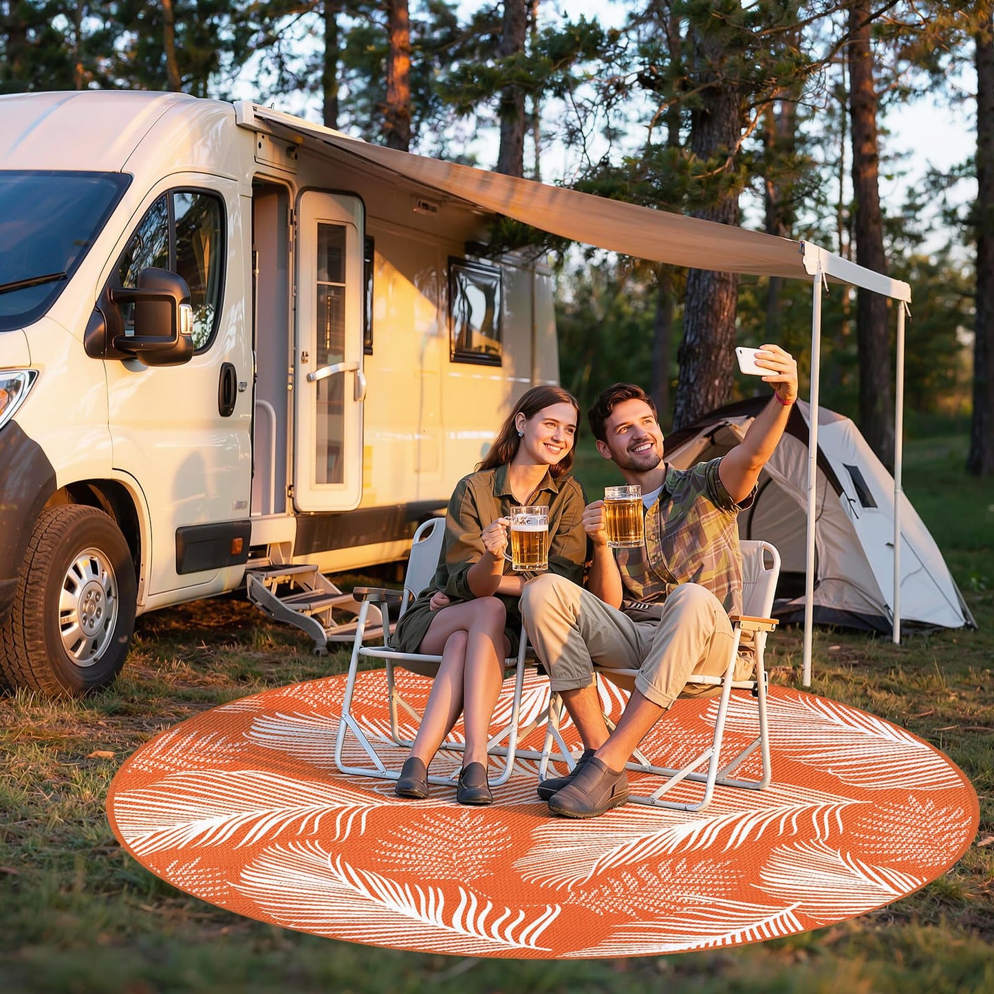 Pauwer Waterproof Outdoor Rug 8ft, Reversible Plastic Straw Patio Camping Rug, Indoor Outdoor RV Mat Carpet for Deck, Camper, Porch, Balcony, Backyard, Picnic, Leaf Orange