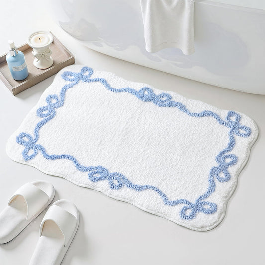 TRUEDAYS Blue Scalloped Bath Mat - Cute Bow Bathroom Rugs Small Non Slip Bath Mat, Soft & Absorbent Bath Rugs for Bathroom Decor, Tub, Vanity Floor