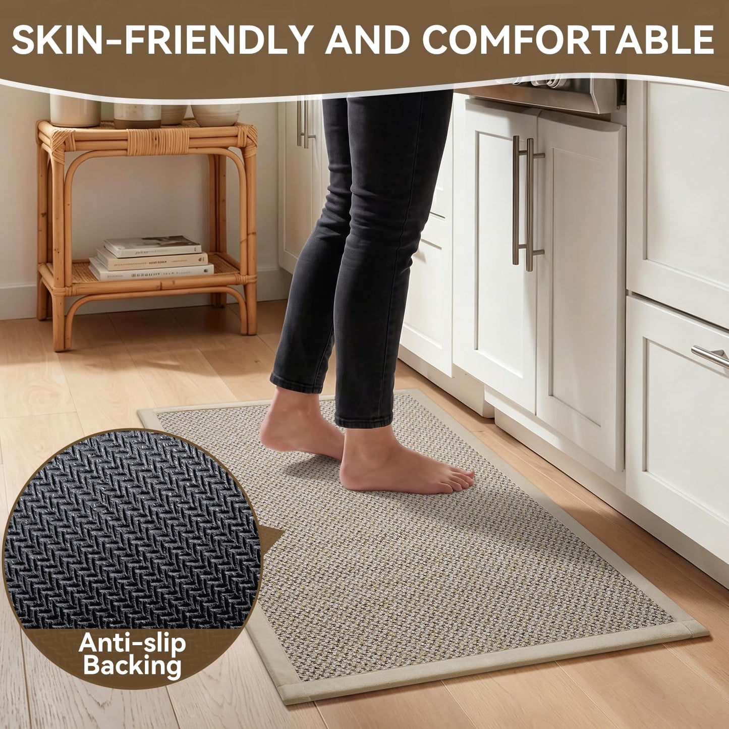QiCaiJia Kitchen Mat, Non-Slip and Washable, Soft Kitchen Mat, Water Absorbent Floor Mat, Woven Sink Mat, Brown 17"x30"