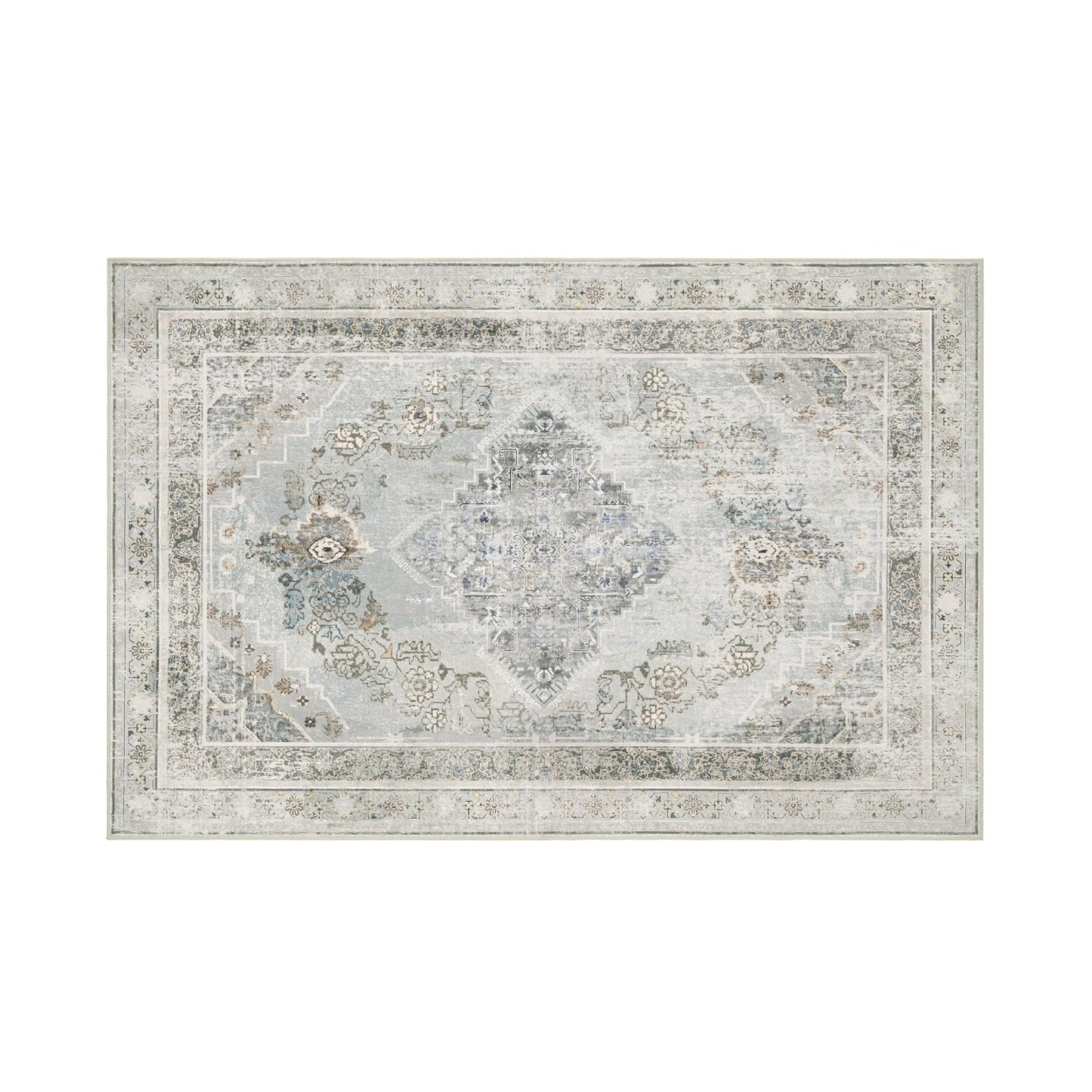 Phantoscope Washable Area Rug 6'x9' Non-Slip, Vintage Neutral Rugs for Living Room, Bedroom, Dining Room, Distressed Boho Medallion Pattern, Low-Pile Foldable Floor Carpet, Silver Grey/Taupe