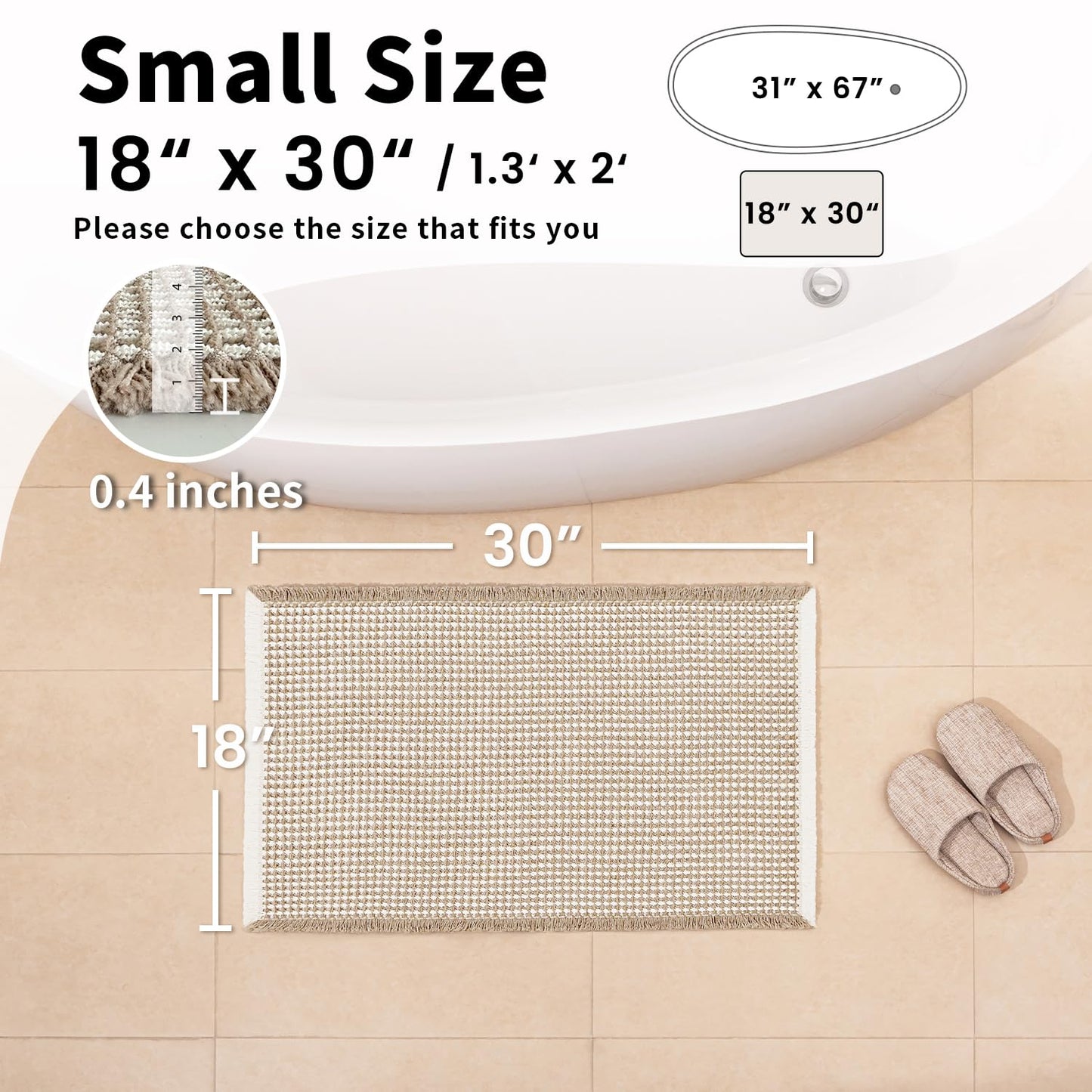 GRLYUH Waffle Bath Mat - Boho Bathroom Rugs Non Slip Washable, Super Absorbent & Quick Dry, Small Bath Mats Farmhouse Bathroom Decor, 18'' x 30'', Khaki and White