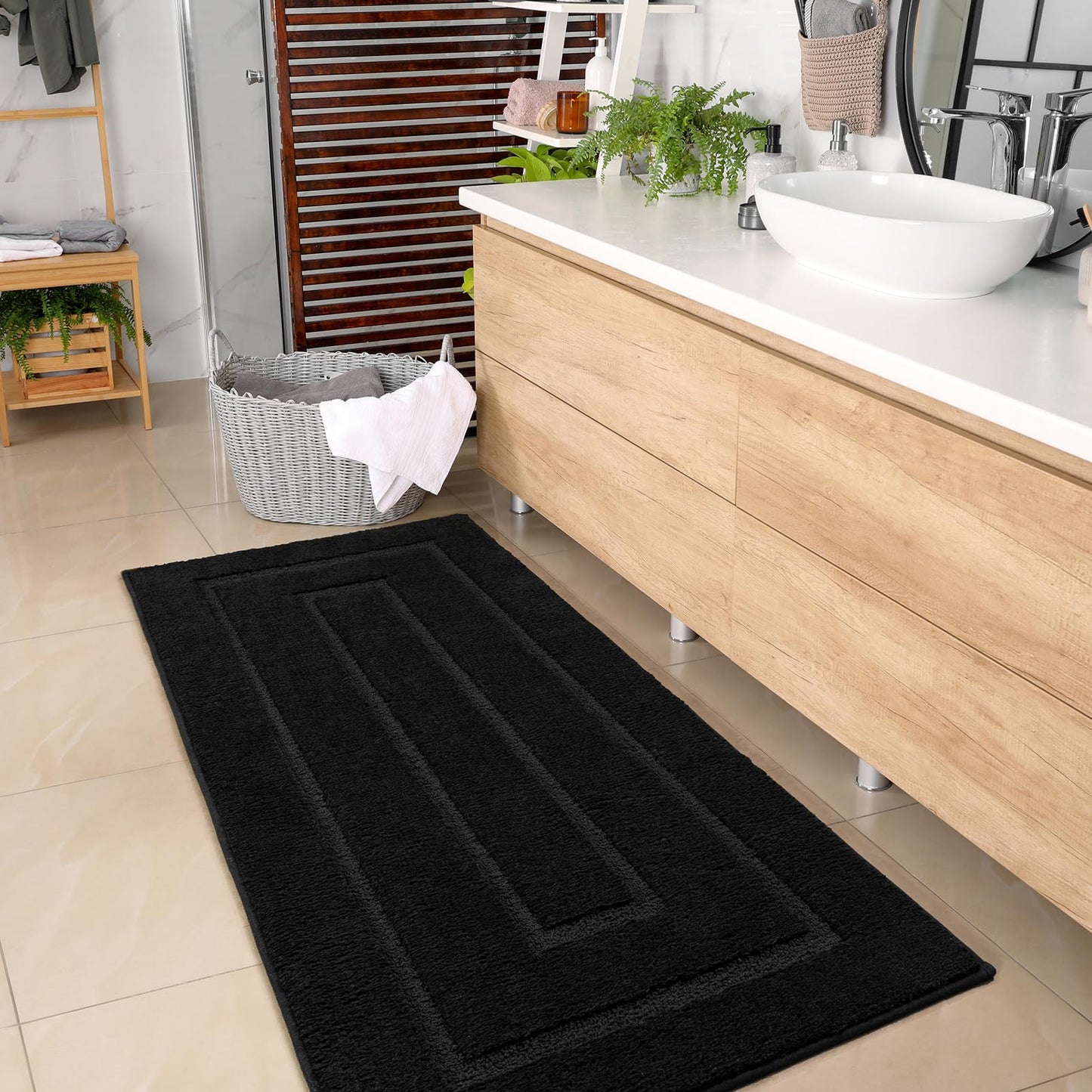 HOMORE Black Bathroom Rug 24x60 Inch Soft Absorbent Bathroom Runner Rug, Washable Bath Runners Rugs Non Slip Long Bath Rug for Shower Tub