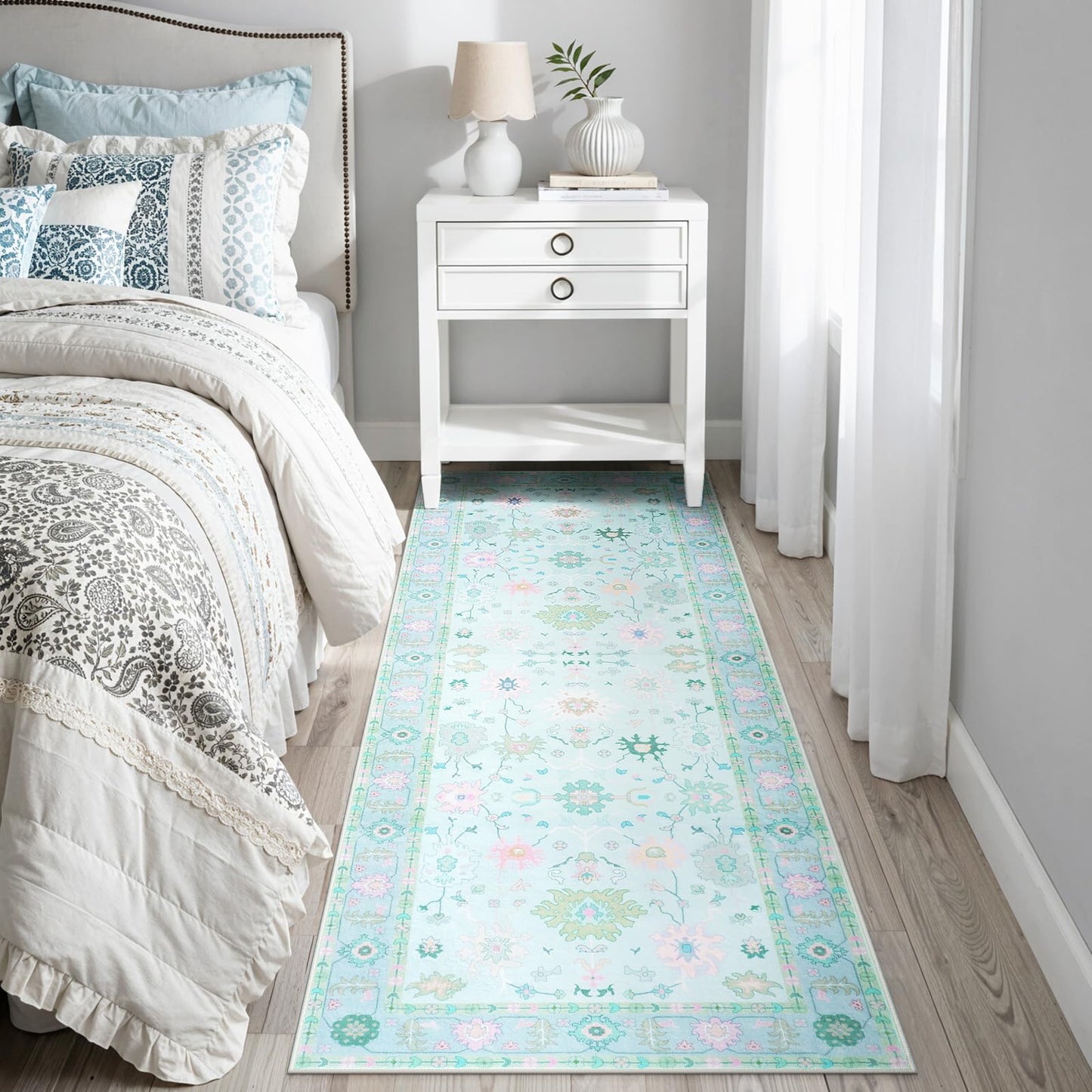 LIVEBOX Modern Oushak Bedroom Runner Rug, Boho Floral 2x6 Runners for Hallways 6ft, Non Slip Washable Soft Rug Kitchen, Ultra Thin Turkish Retro Carpet Runners for Bathroom Entryway, Blue