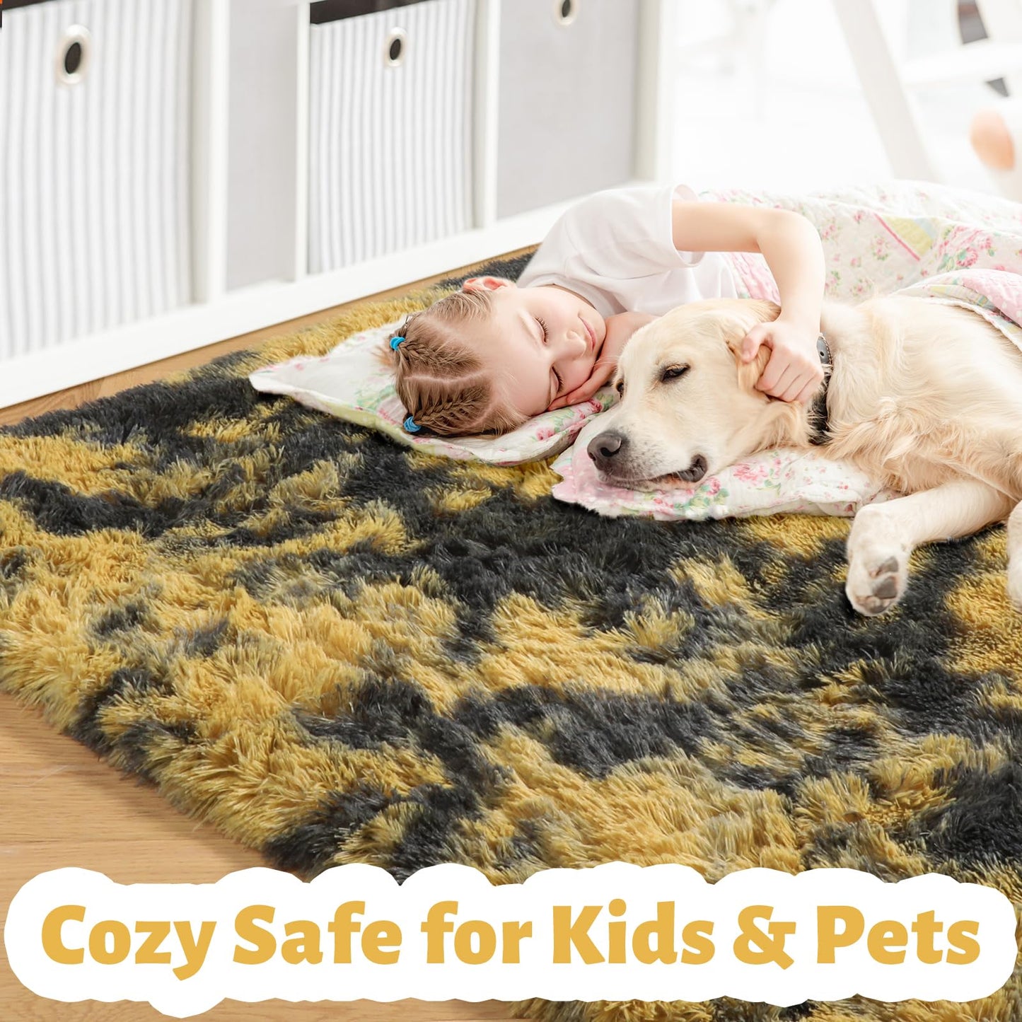 Amdrebio Black Gold Yellow Grey Rugs for Bedroom Living Room Decor, Fluffy Furry Fuzzy Shaggy Area Rug 4x6 for Kids Room Dorm Home Office, Modern Cool Leopard Cheetah Shag Carpet for Teen Boys Men