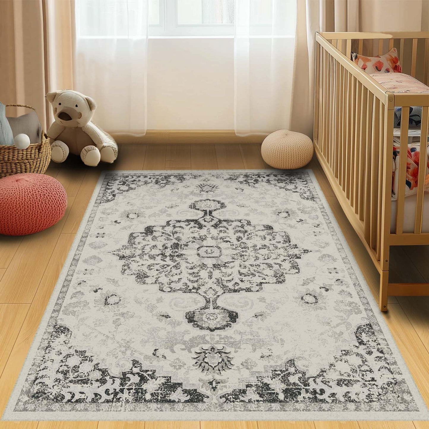 LOOMY Area Rug 8x10 Washable Rug Gray Vintage Traditional Mat Distressed Indoor Foldable Thin Retro Accent Floral Non Slip Carpet Living Room Dining Room Office
