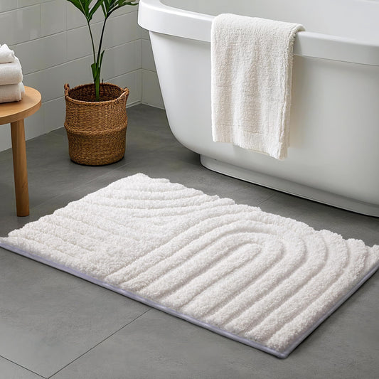 Sunlit 20"x30" Boho Decorative Textured Bathroom Rug Mat, Mid Century Modern Non-Slip Absorbent Soft Bath Mat, Organic Modern Floor Mat Dry Fast Machine Washable, White