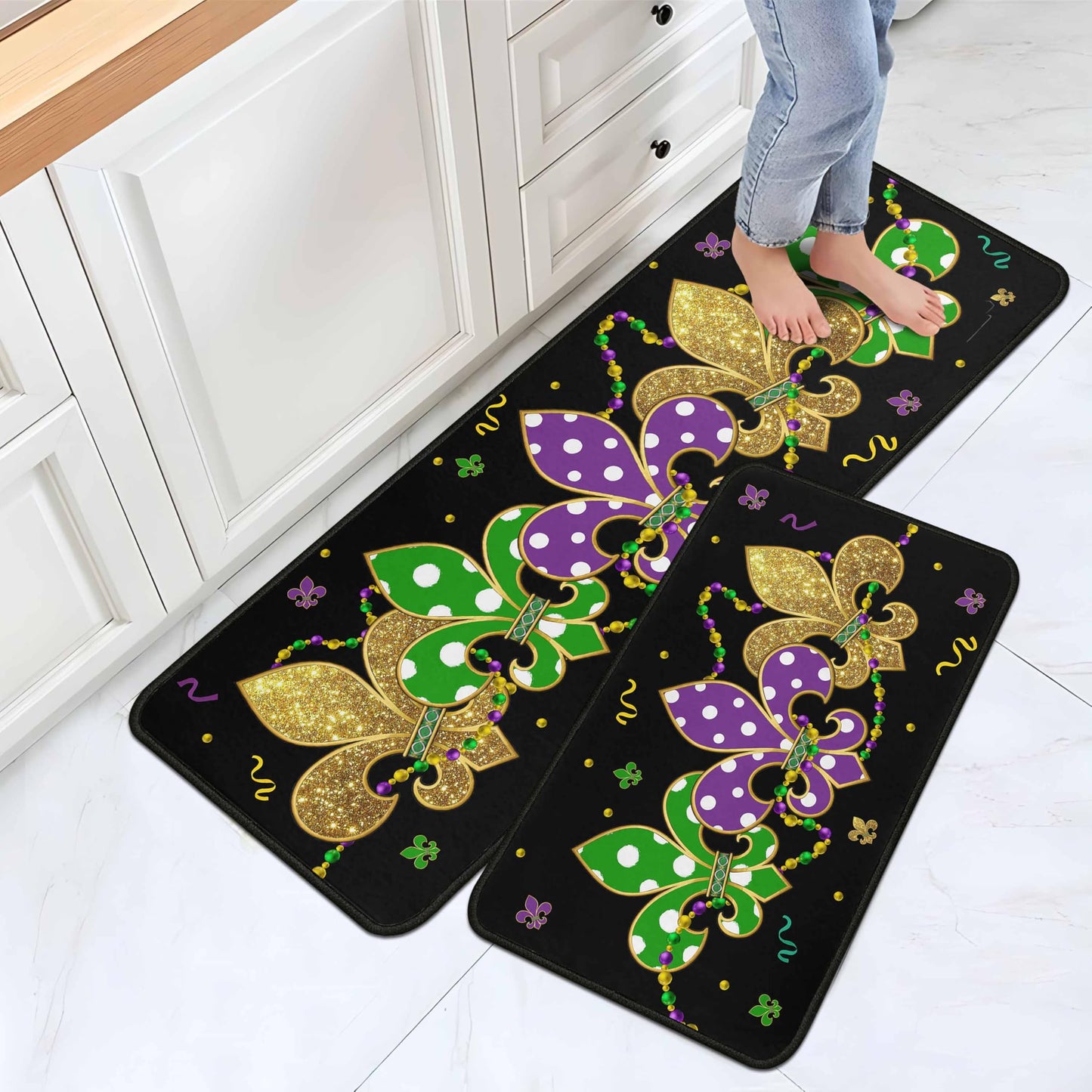 Lumiprinta Mardi Gras Kitchen Rug Set of 2, Carnival Absorbent Washable Non-Slip Comfort Standing Floor Mat for Kitchen Bathroom Living Room Sink Laundry