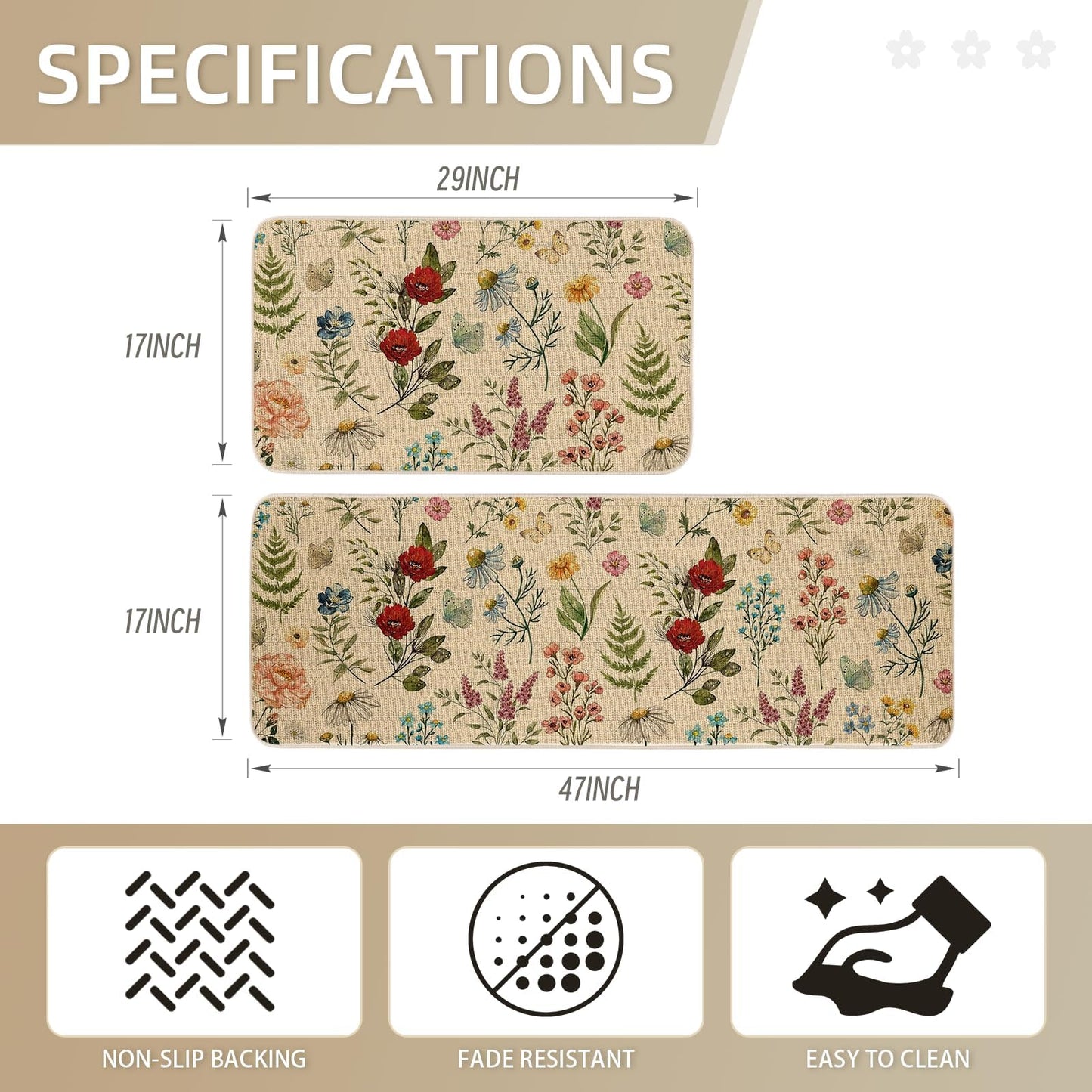 Moutina Wildflower Floral Kitchen Rugs Set of 2, Spring Summer Home Decor Low-Profile Kitchen Mats for Floor - 17x29 and 17x47 Inch