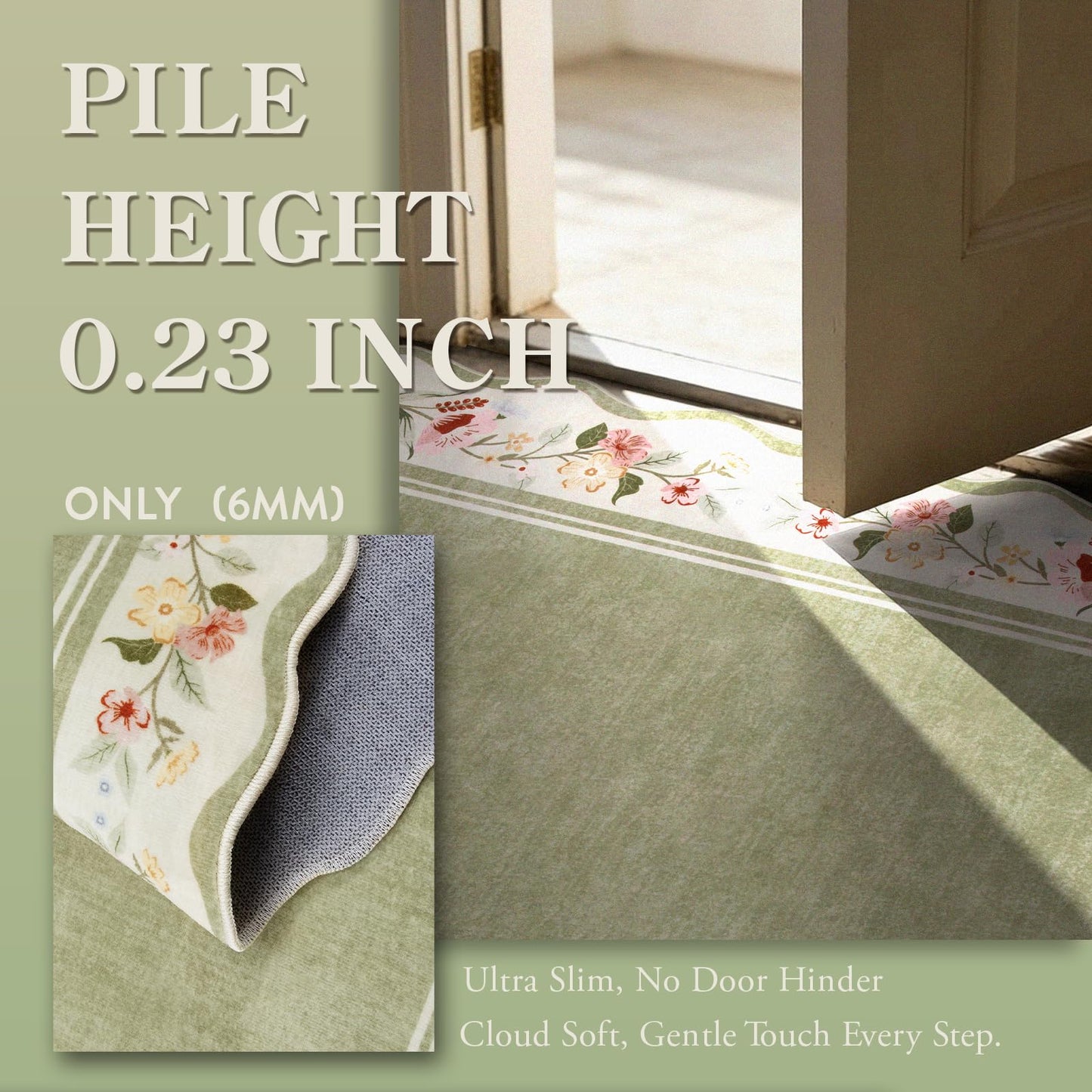 Lahome Floral 2x3 Rug, Green Kitchen Rugs Ultra-Thin Washable Scalloped Bathroom Rug Indoor Mats for Entryway Non-Slip, Boho Stain Resistant Small Throw Rugs for Bedroom Ariele（Green）