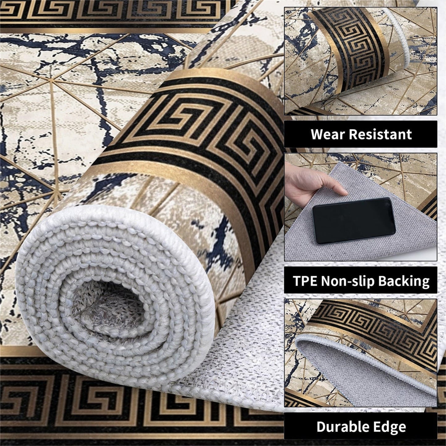 Greek Key Marble Area Rug 5x7ft, Gold Black Grey Blue Geometric Low Pile Carpet, Non-Slip Washable Stain Resistant Floor Mat, Modern Glam Abstract Border Design for Living Room, Bedroom, Office