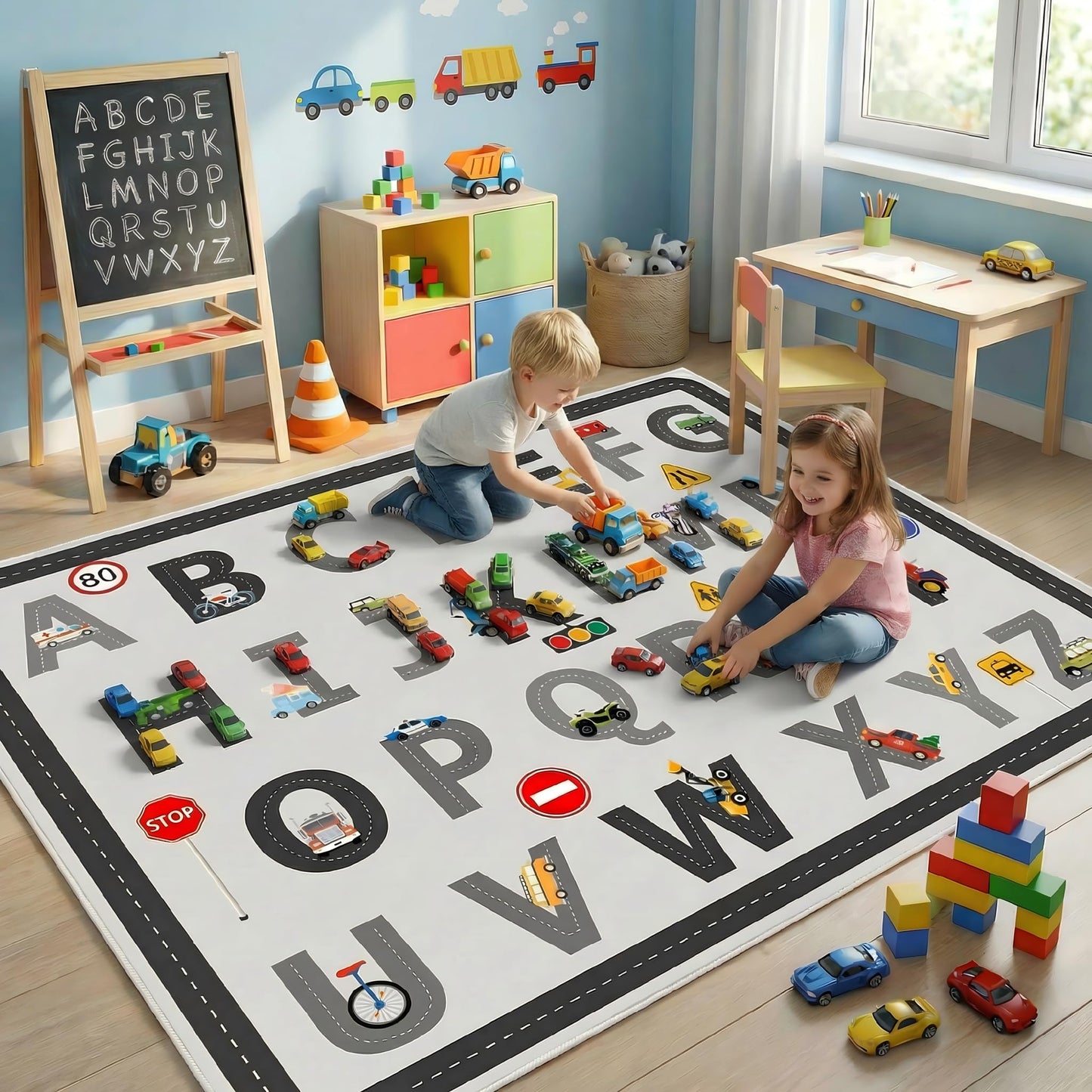 5x7 Ft ABC Alphabet Educational Area Rug for Children Toddler Girls Boys Leaning, Car Rug Play Mat for Kids Room, Playroom, Classroom, Nursery, Daycare, Non-Slip & Thick Faux Wool Kids Carpet-Washable