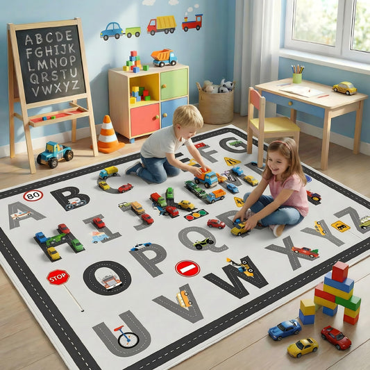 5x7 Ft ABC Alphabet Educational Area Rug for Children Toddler Girls Boys Leaning, Car Rug Play Mat for Kids Room, Playroom, Classroom, Nursery, Daycare, Non-Slip & Thick Faux Wool Kids Carpet-Washable