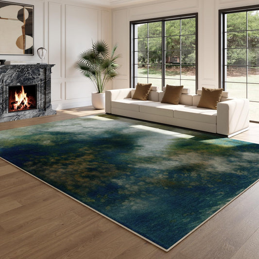 ST. BRIDGE Washable 6x9 Blue Area Rug for Living Room Bedroom, Soft Low Pile Non-Slip Stain Resistant Carpet, Modern Abstract Vintage Indoor Large Rug for Dining Room Kids Playroom Home Office