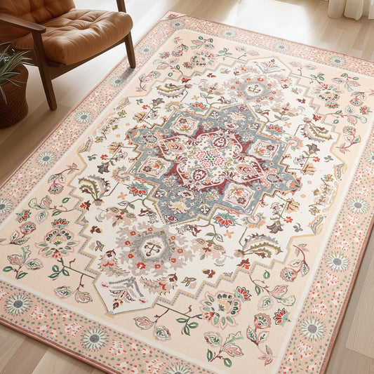 Phantoscope Washable Area Rug 5'x7' Non-Slip, Vintage Boho Rugs for Living Room, Bedroom, Dining Room, Persian Floral Medallion Pattern, Low-Pile Foldable Floor Carpet, Ivory Rose/Fall Bloom