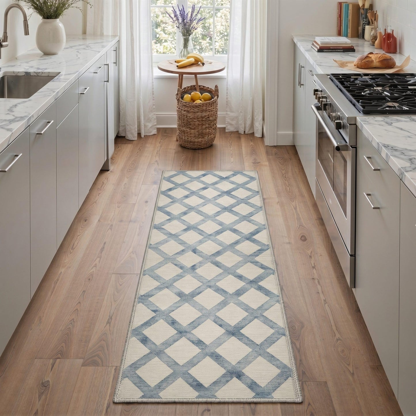 Bavni 2x3 Rug Machine Washable Low Pile Non Slip Backing for Entryway Kitchen Bathroom Front Door, Small Indoor Door Mat with Diamond Lattice Print Pattern, Dusty Blue