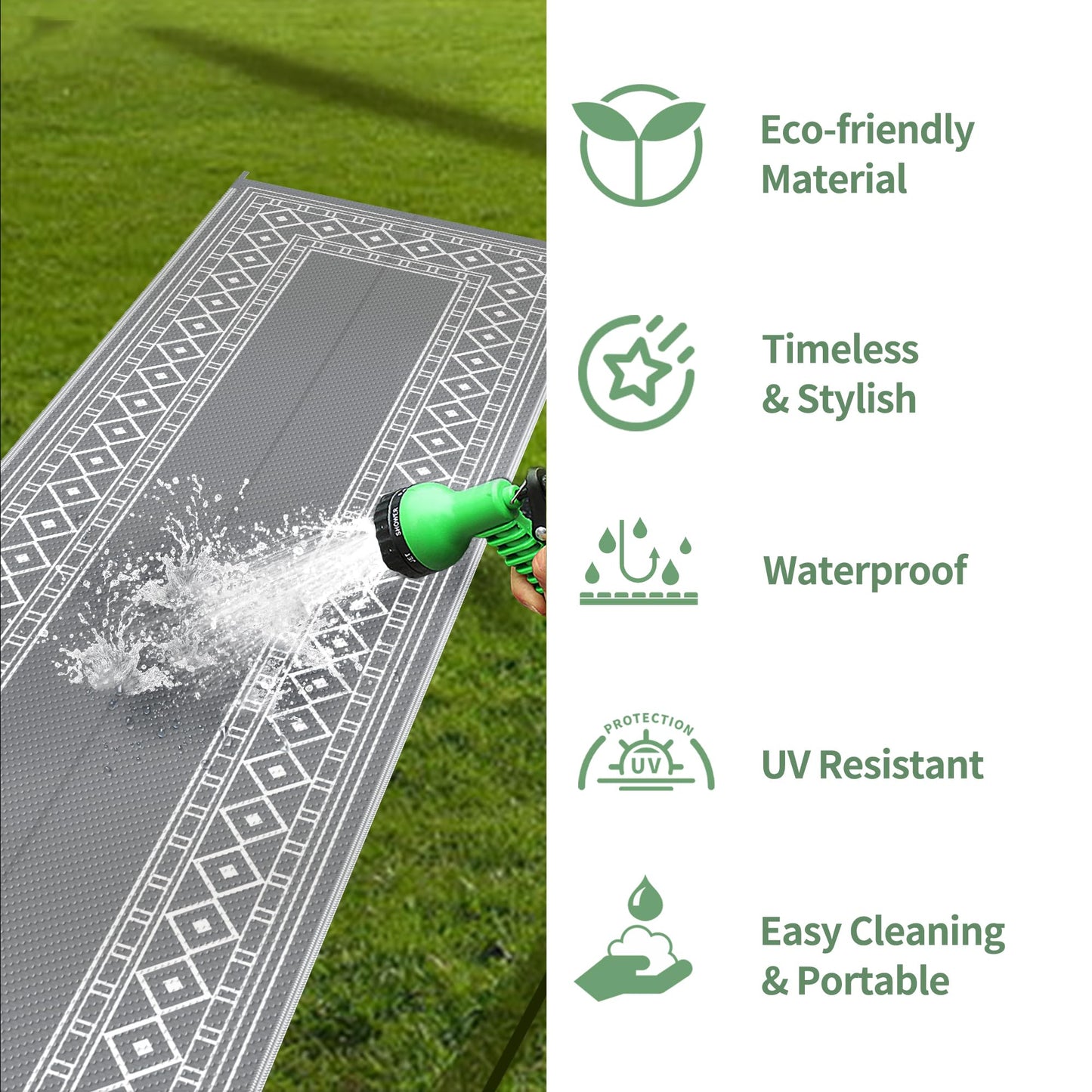 GENIMO Outdoor Rug Waterproof for Patio, 2.5'x8' Foldable Reversible Plastic Straw Runner Rugs and Carpet for Porch, Outside Area Mat for Rv, Deck, Picnic, Camper, Balcony, Beach, Grey & White