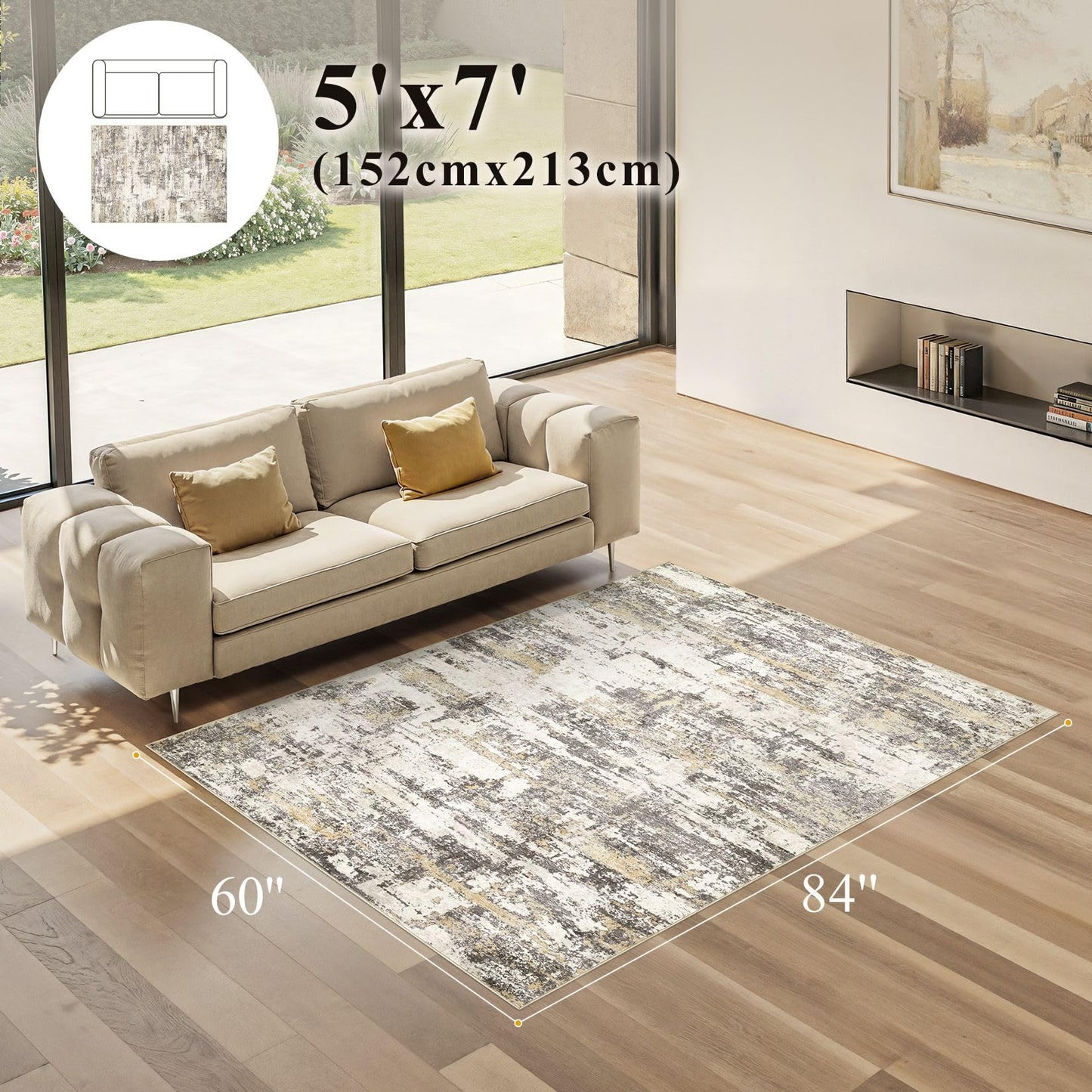 Area Rugs for Living Room: 5x7 Abstract Washable Rug Modern Neutral Large Soft Stain Resistant Non-Slip Backing Machine Table for Bedroom Dining Room Indoor Home Office Carpet - Gold Brown