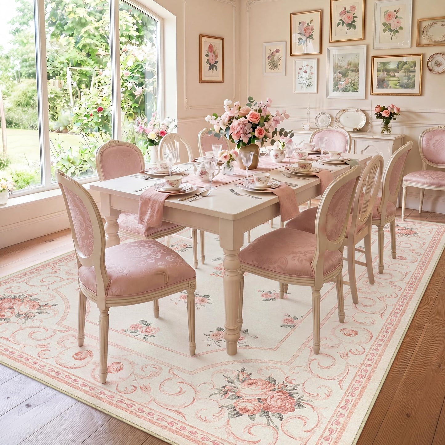 Tribesigns Boho Floral Pink 8 x 10 Area Rug for Girls Bedroom, Soft Washable Nursery Living Room Rugs, Border Large Non-Slip Low Pile French Carpet for Dorm Kids Dining Playroom, Beige/8x10