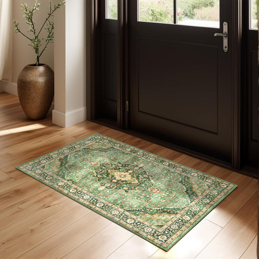 Green Area Rug Entryway Rugs for Bedroom Bathroom Kitchen - 2x3 Small Soft Rugs Low Pile Keep Off Rug Carpet Washable Rug Oriental Indoor Boho Area Rug Cute 2x3ft