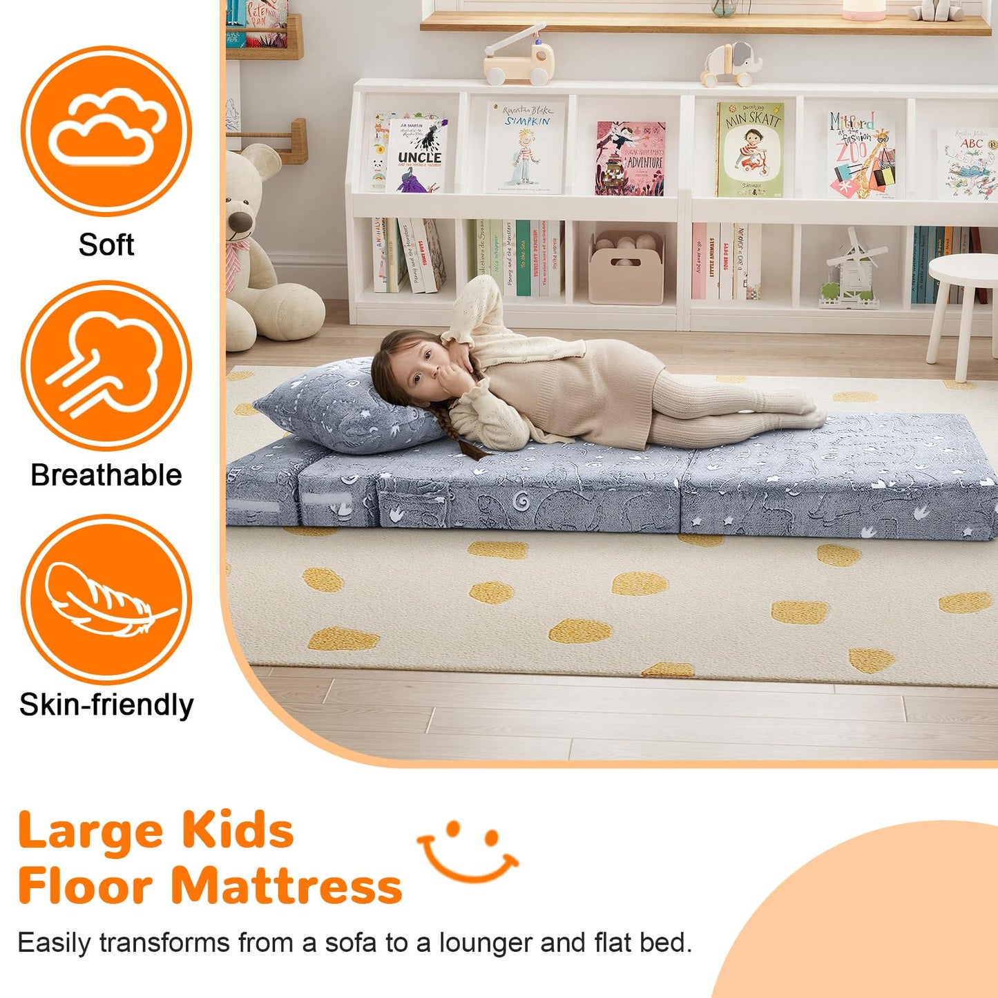MeMoreCool Kids Floor Mattress Glow in The Dark, Convertible Sofa Couch, Folding Futon Chair Bed for Kids Playroom (Glowing Dinosaur)
