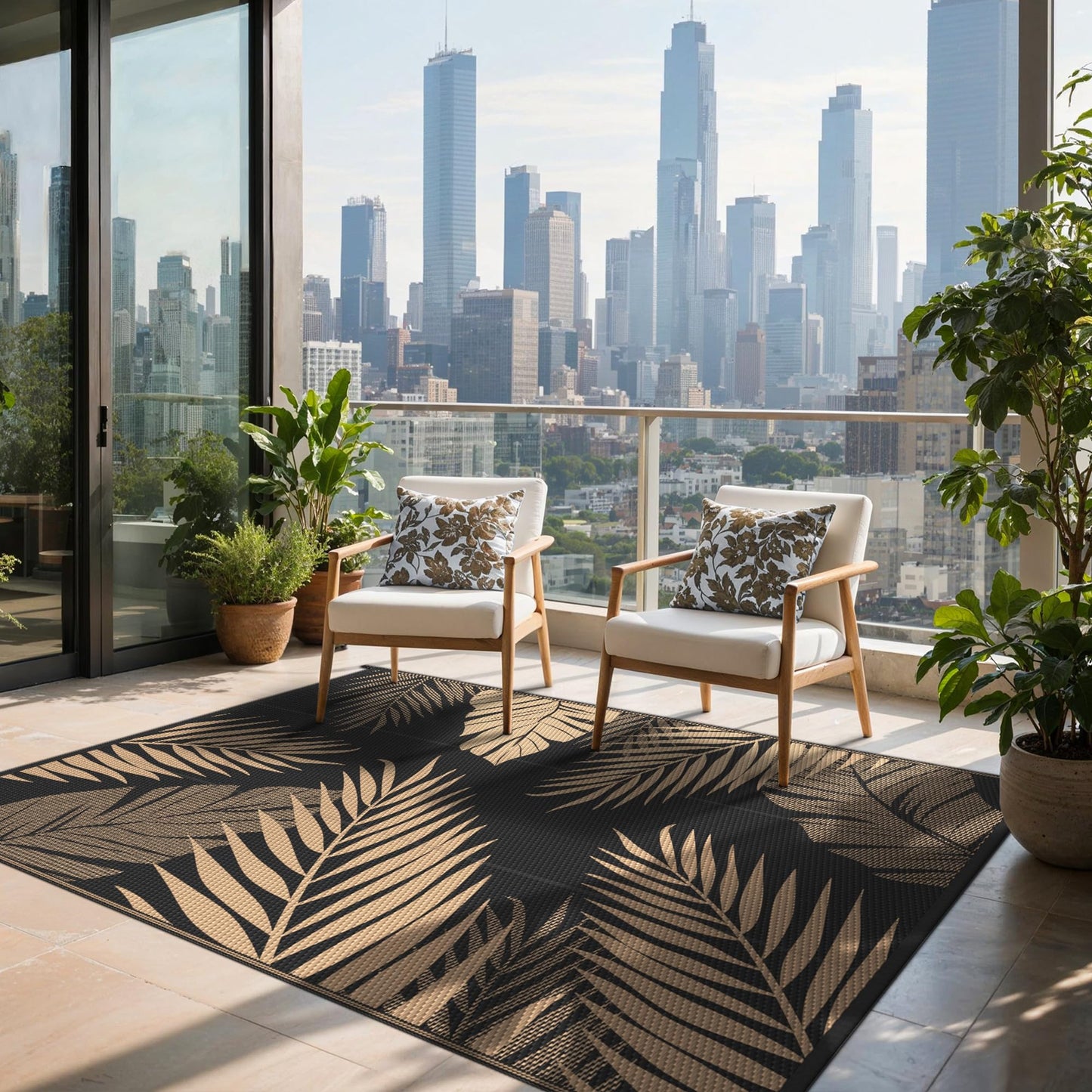 sarben Outdoor Rug 4' x 6' Waterproof for Patios Clearance, Reversible Plastic Straw Indoor Outdoor Rug for RV, Picnic, Backyard, Deck, Balcony, Porch, Beach, Black and Brown