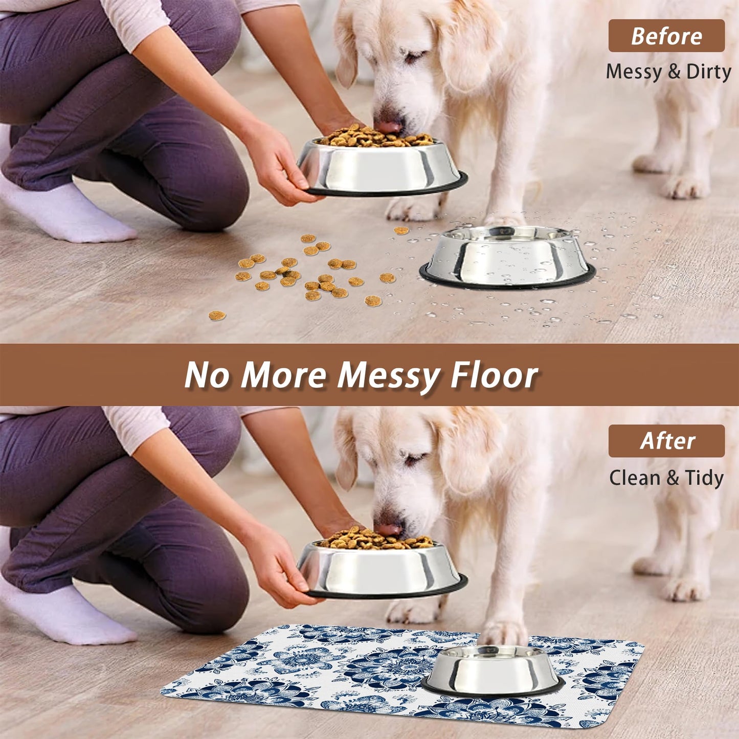 Mandala Flower Dog Food Mat for Floors,Blue Boho Floral Absorbent Quick-Dry Pet Feeding Mat,Cat Dog Bowl Mats for Food and Water,Non-Slip Pet Accessories Supplies 12"x20"