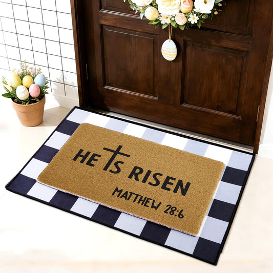 ARQRHTLY 2 Pcs Easter Doormats, He is Risen Door Mat, Easter Bible Verse Non Slip Coir Mats, Black and White Check Rug, Layering Doormats Seasonal for Indoor Outdoor Home Porch Entry Decor 24" x 32"