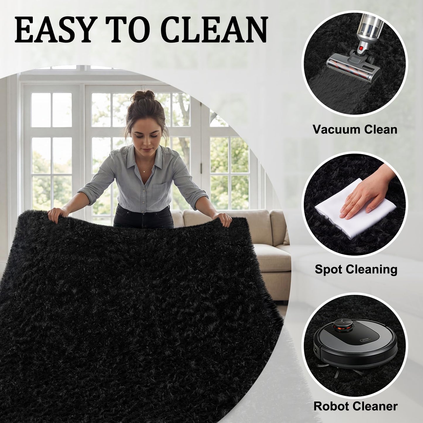 Area Rugs 9x12 Living Room Bedroom: Soft Fluffy Shag Rugs Upgrade Non-Slip High Pile Carpet Large Fuzzy Plush Indoor Floor Shaggy Carpets for Nursery Kid Playroom Office Dorms Home Decor Black