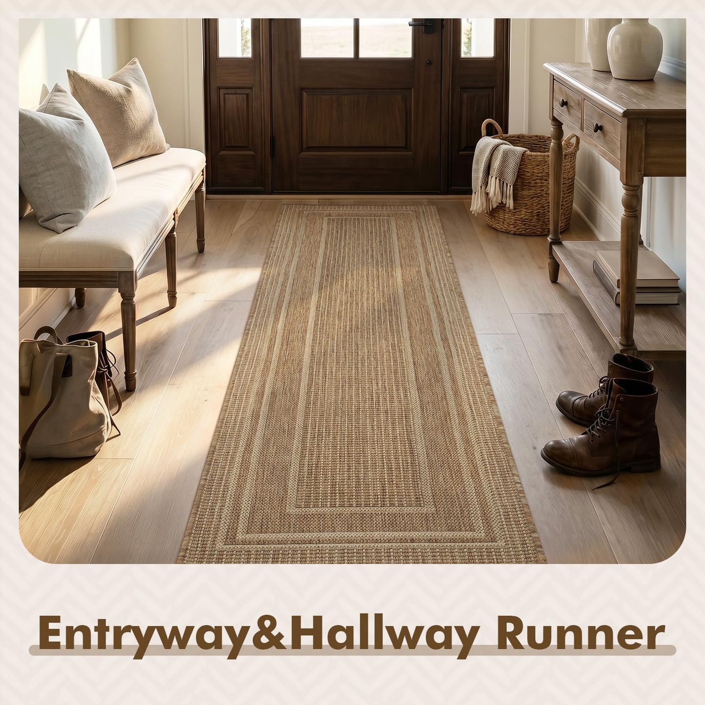 MontVoo-2x8 ft Indoor Outdoor Runner Rugs for Entryway Porch Hallway Kitchen Door Entrance Long, Textured Weave Polypropylene, Durable for High Traffic, Fade-Resistant, Modern Solid Neutral Brown