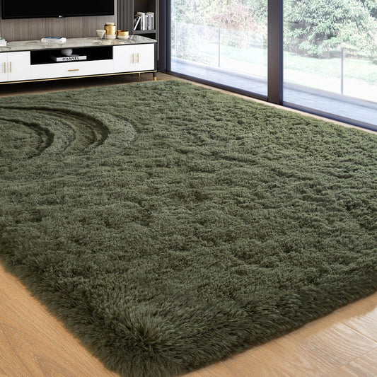 Softlife Rug for Bedroom 4x5.3 Feet Area Rug for Living Room Super Soft Shaggy Rugs for Kids Room Fluffy Fuzzy Carpets Long Plush Bedside Rug Nursery Christmas Home Decor for Boys Girls, Olive Green