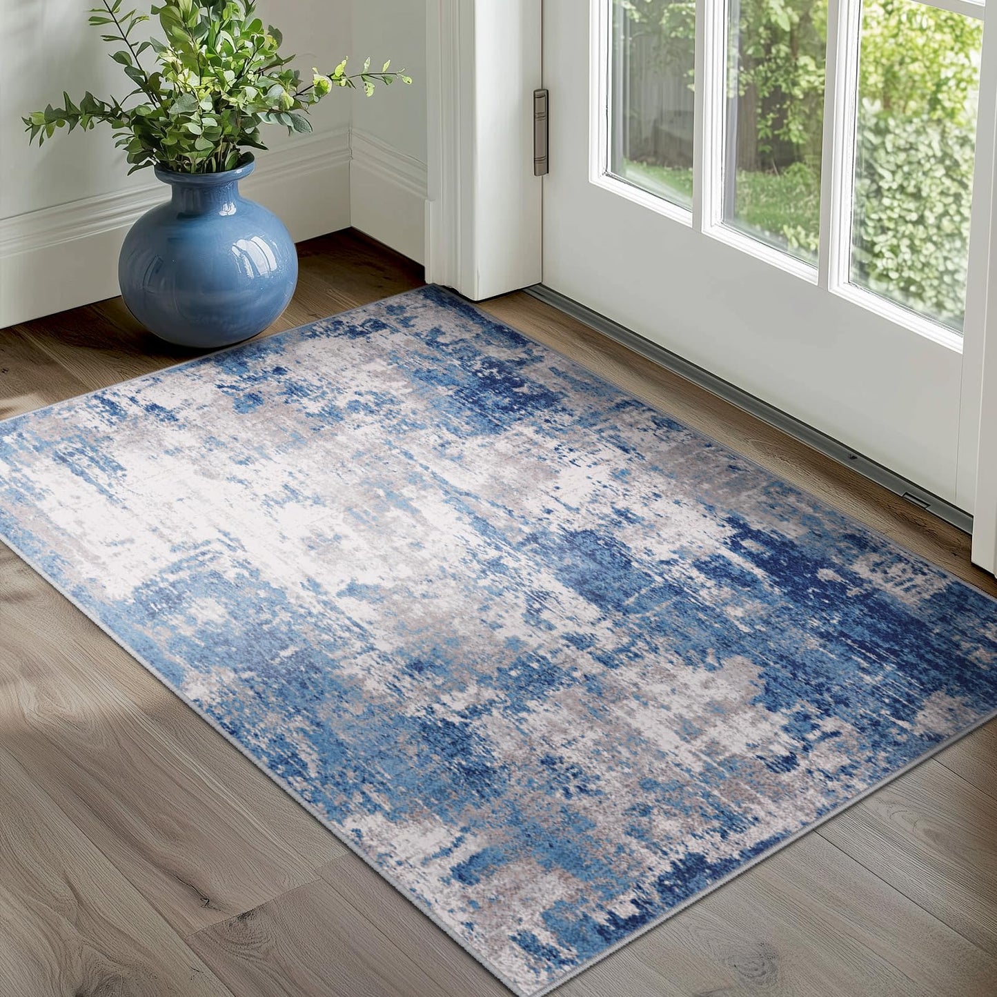 RELEANY Washable Area Rugs 3'x5' Non-Slip Modern Abstract Soft for Living Room Entryway Bedroom Kitchen, Print Pattern, Blue Grey Navy Gray