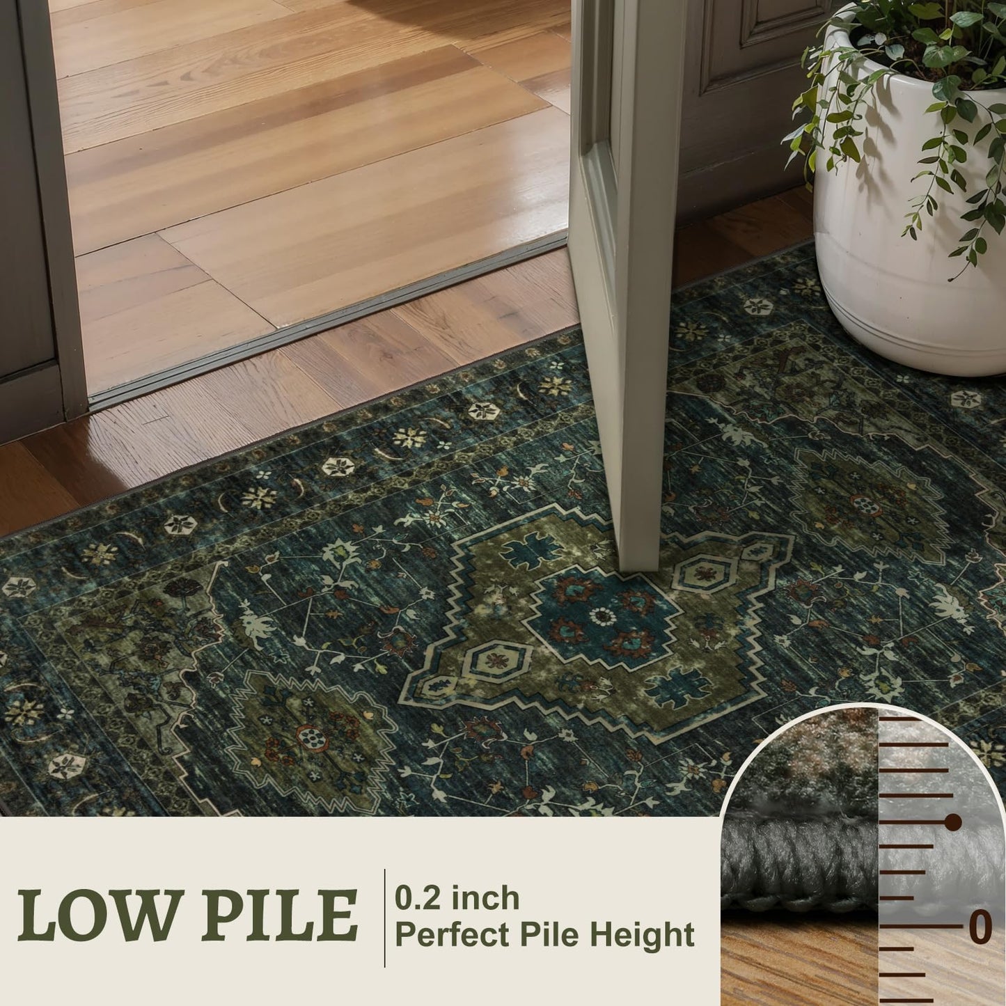Tangsoo 2x6 Green Washable Runner Rug for Hallways, Non Slip Vintage Runner Rug, Soft Low Pile Long Rug Runner, Print Carpet Runners for Kitchen Bedroom Entryway Bathroom Living Room Olive Green