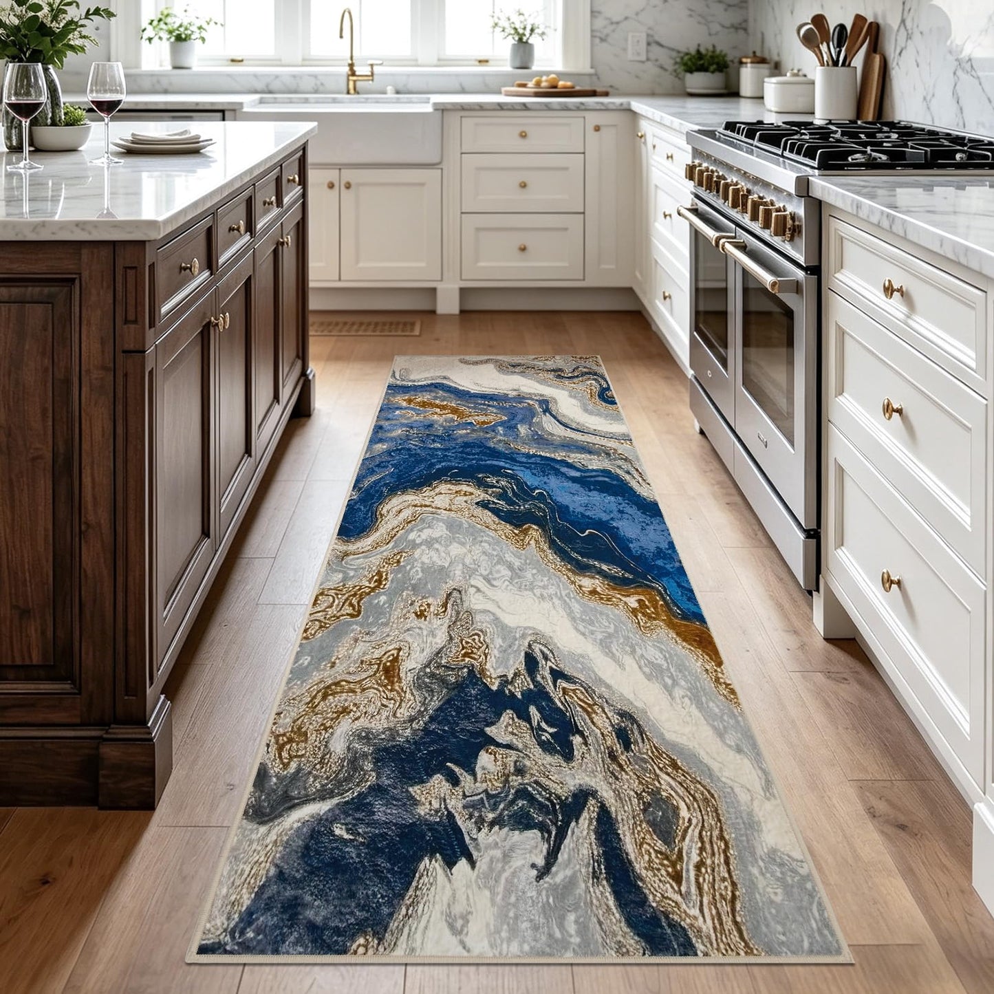 Joydeco Marble Swirl 2x6 Abstract Hallway Runner Rug, White&Blue&Gold