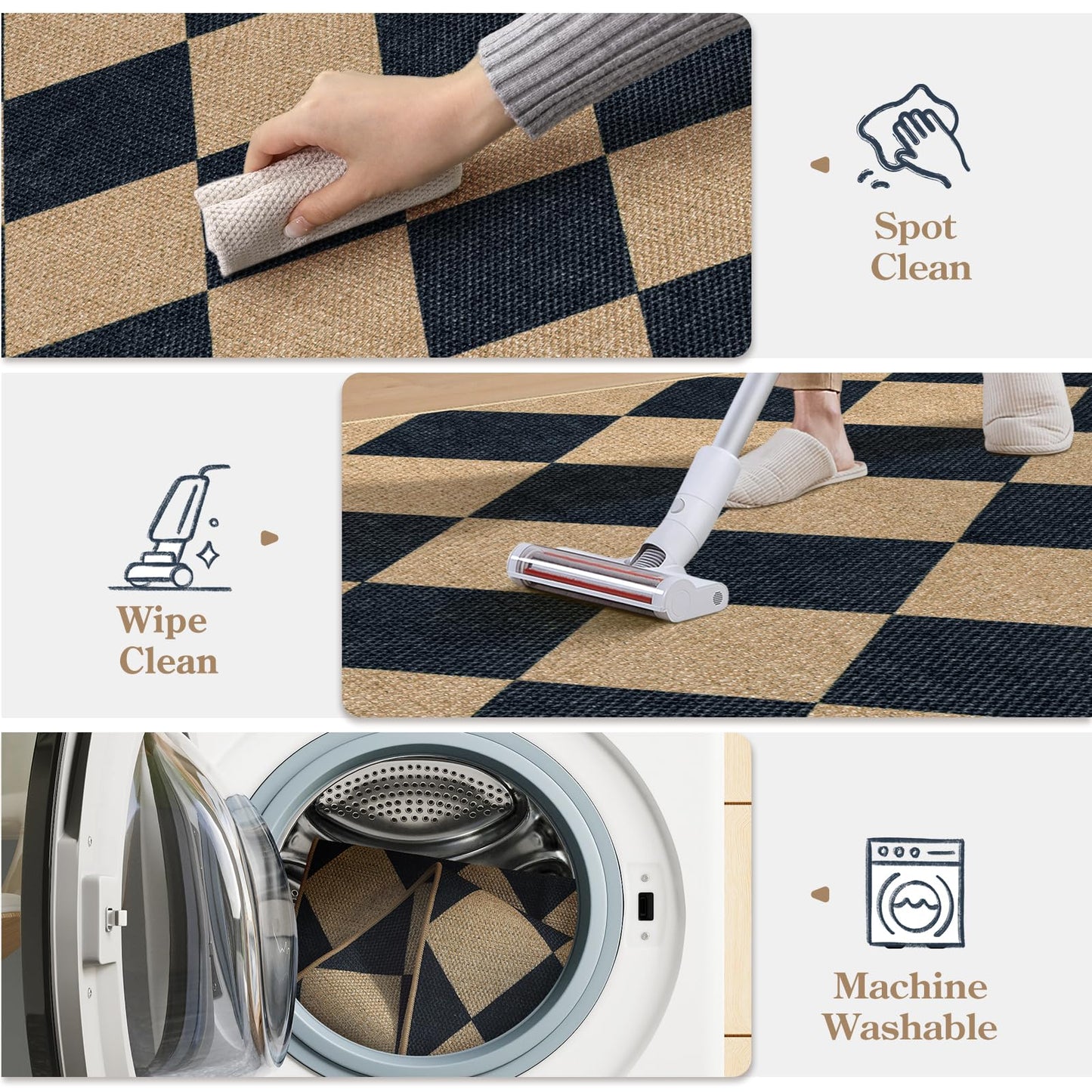 Lanffia Checkered Easy Jute Washable Rugs 8x10, Black Living Room Rug for Dining Room Diamond Indoor Outdoor Carpet, Large Non Slip Low Pile Farmhouse Checkerboard Rug for Classroom Patio