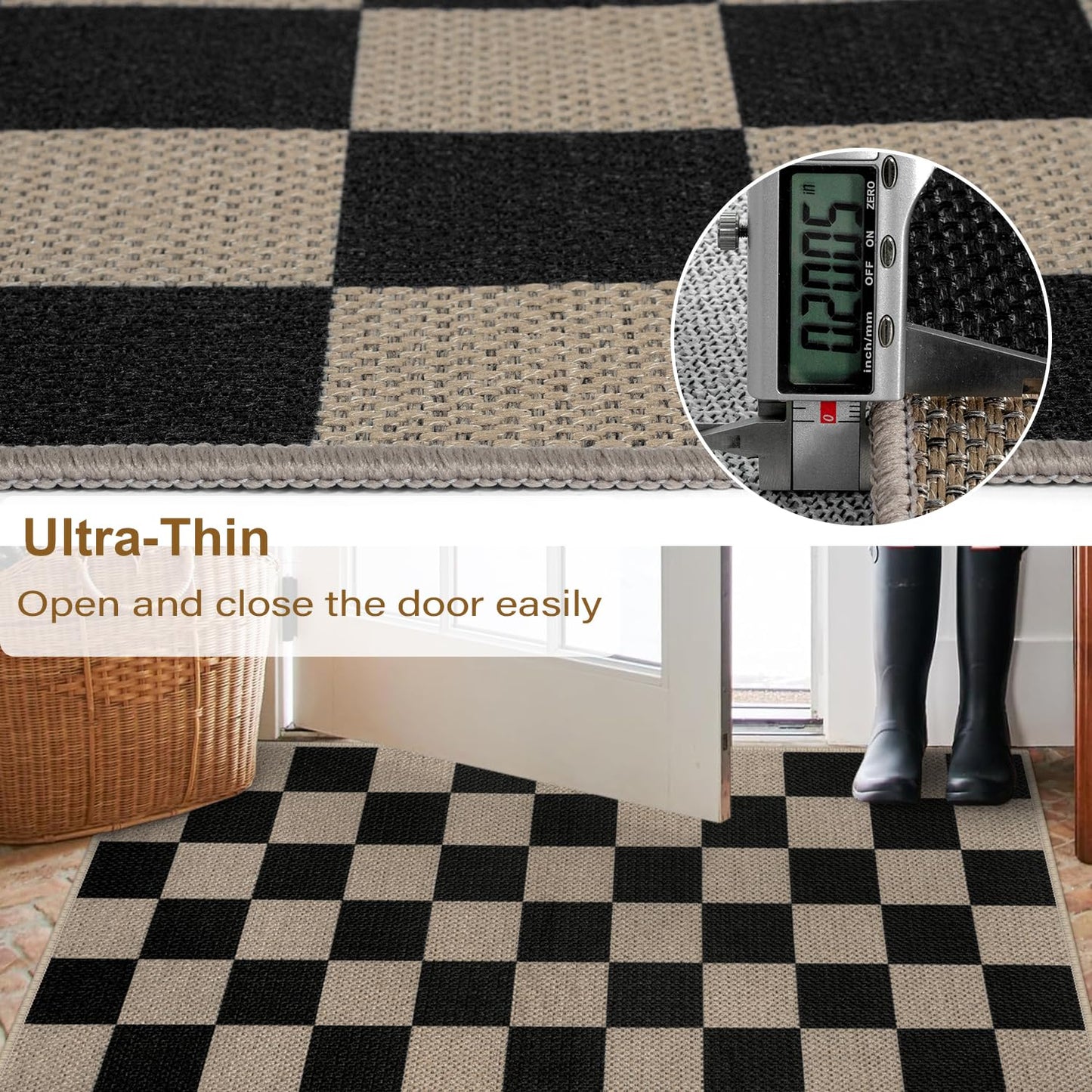 Rugalia Easy Jute Checkered Entryway Rug, 2x3 Black Modern Indoor Outdoor Doormat, Washable Non-Slip Small Kitchen Rug Farmhouse Checkerboard Throw Rugs for Entrance Bedroom Bathroom