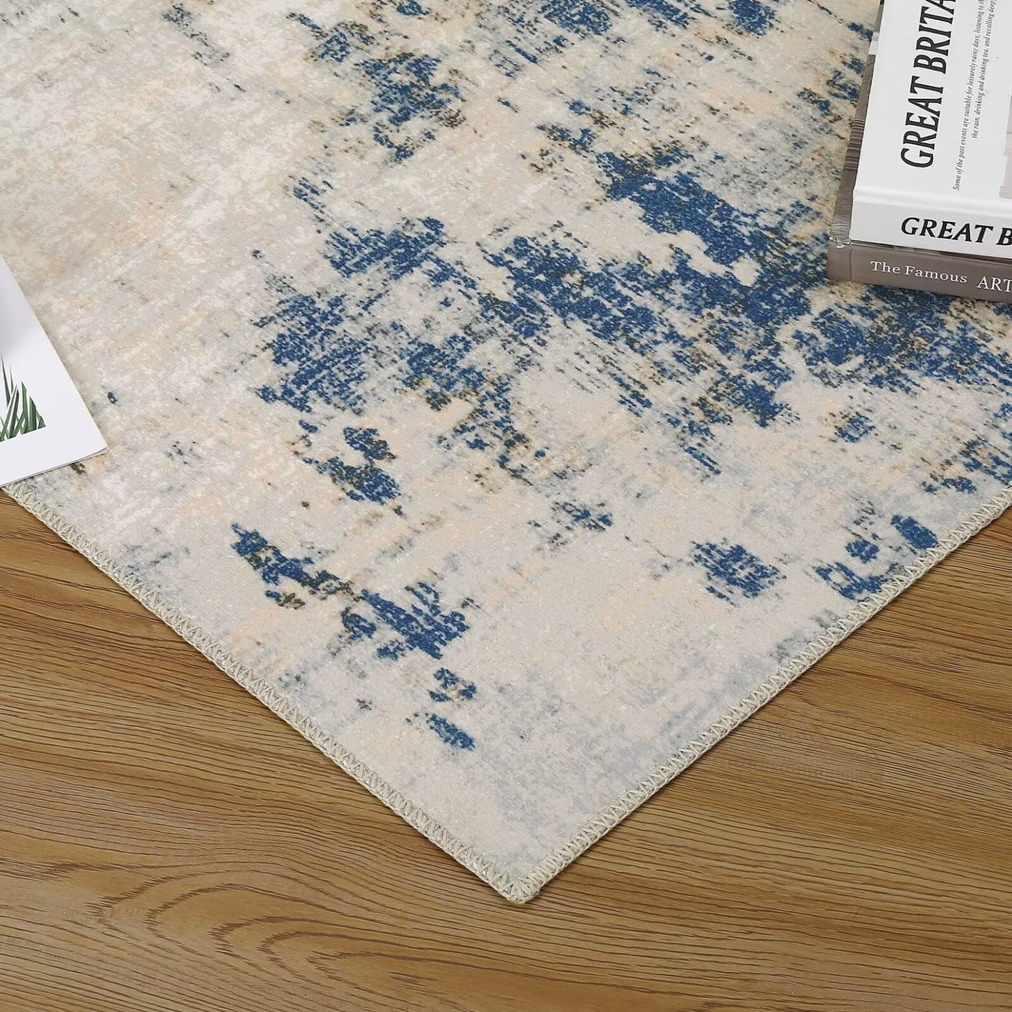 FairOnly Washable Rug Modern Area Rug 8x10 Low Pile Bedroom Rug, Thin Living Room Rug with Non Slip Backing No Shedding Large Area Rug Lightweight Abstract Machine Washable Rug for Home, Blue/Yellow