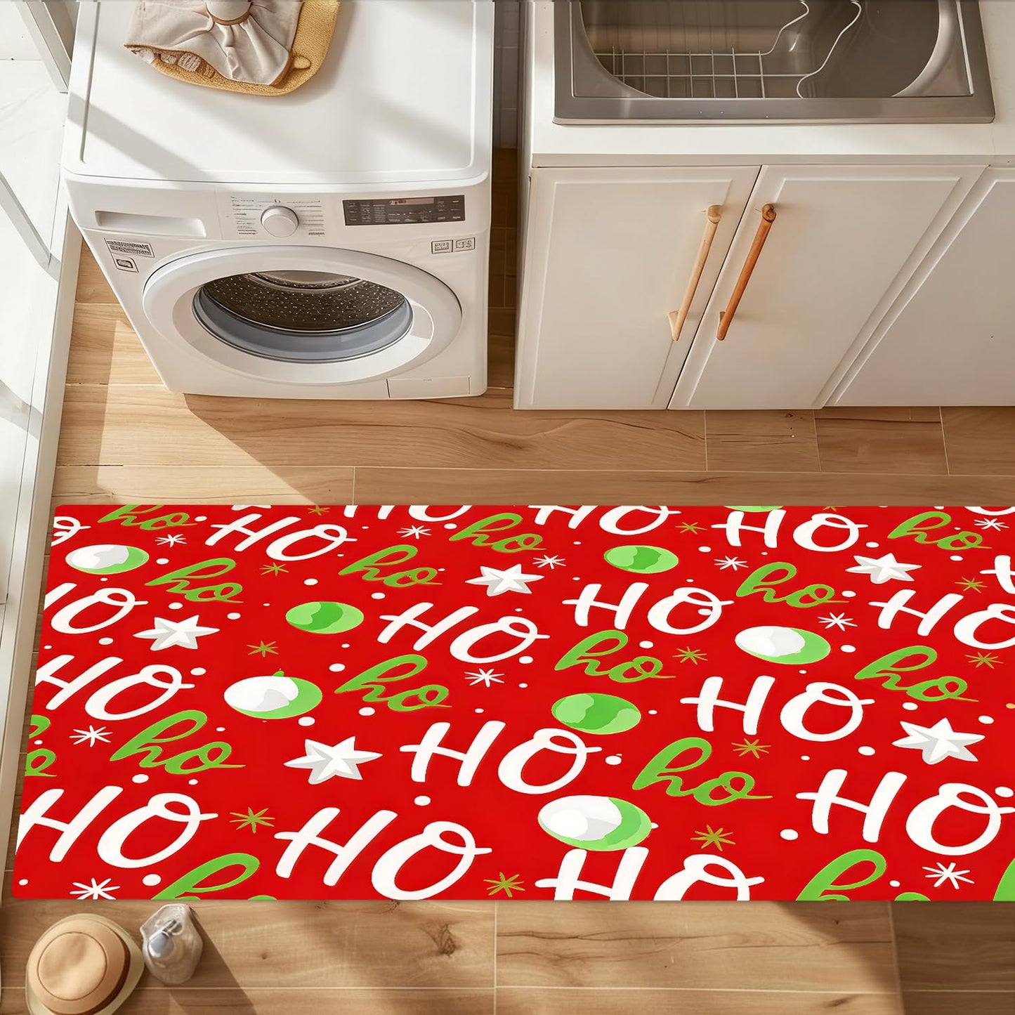 ANNA QUEEN Christmas HO HO HO Laundry Room Rug Runner 20x47 Inch -Waterproof Non-Slip Floor Mat for Front Load Washer Dryer,Festive Santa Decor,Machine Washable