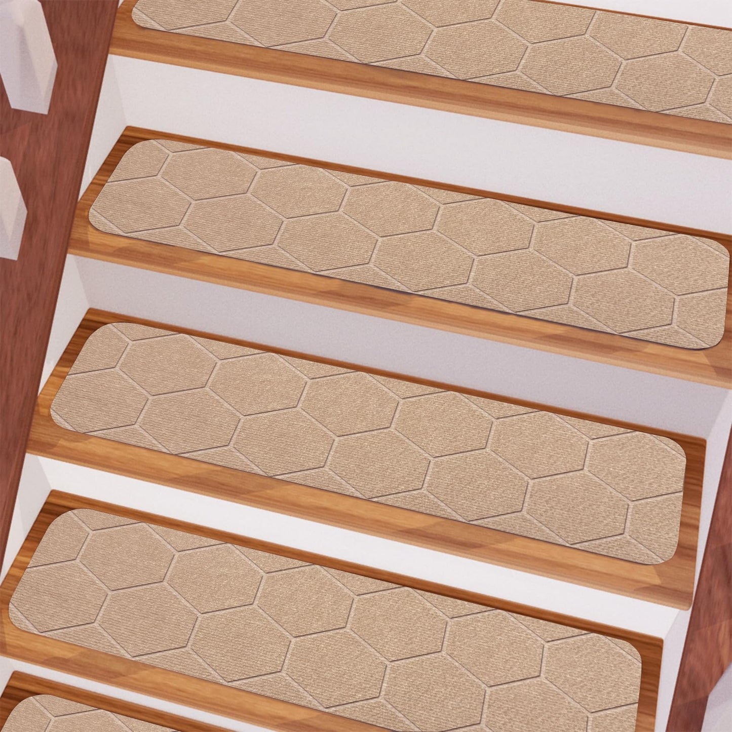 MATAHUM Stair Treads Non Slip, 15 Pack 8" * 30" Beige Stair Treads for Wooden Steps Indoor, Clipped and Assembled Stair Rugs for Kids Elders Dogs